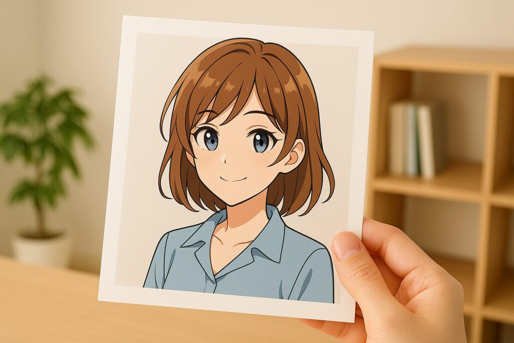 手に持ったアニメ風イラストのプリント。二次元画像の特徴やイラスト表現を説明する場面をイメージできる、明るく清潔感のある写真。