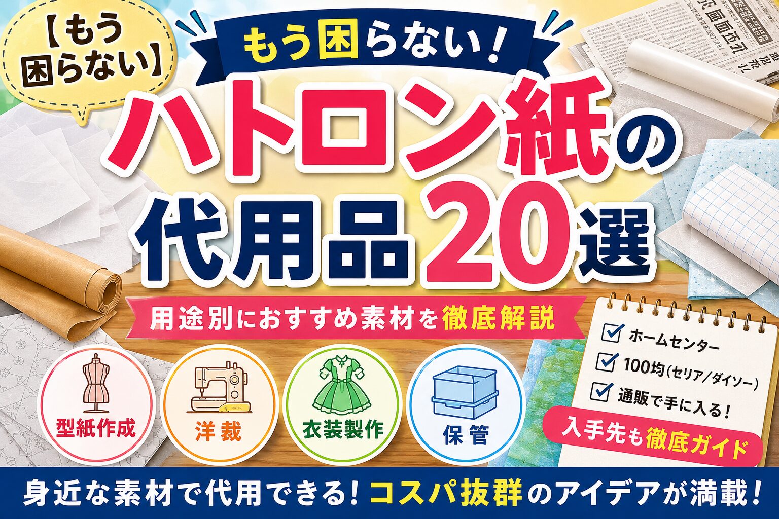 ハトロン紙の代用品を比較紹介するアイキャッチ画像。困っている女性と、不織布・トレーシングペーパー・模造紙・透明シートなどの代用品が並び、「ハトロン紙の代用品20選」という大きな日本語タイトルが入った図解風デザイン。