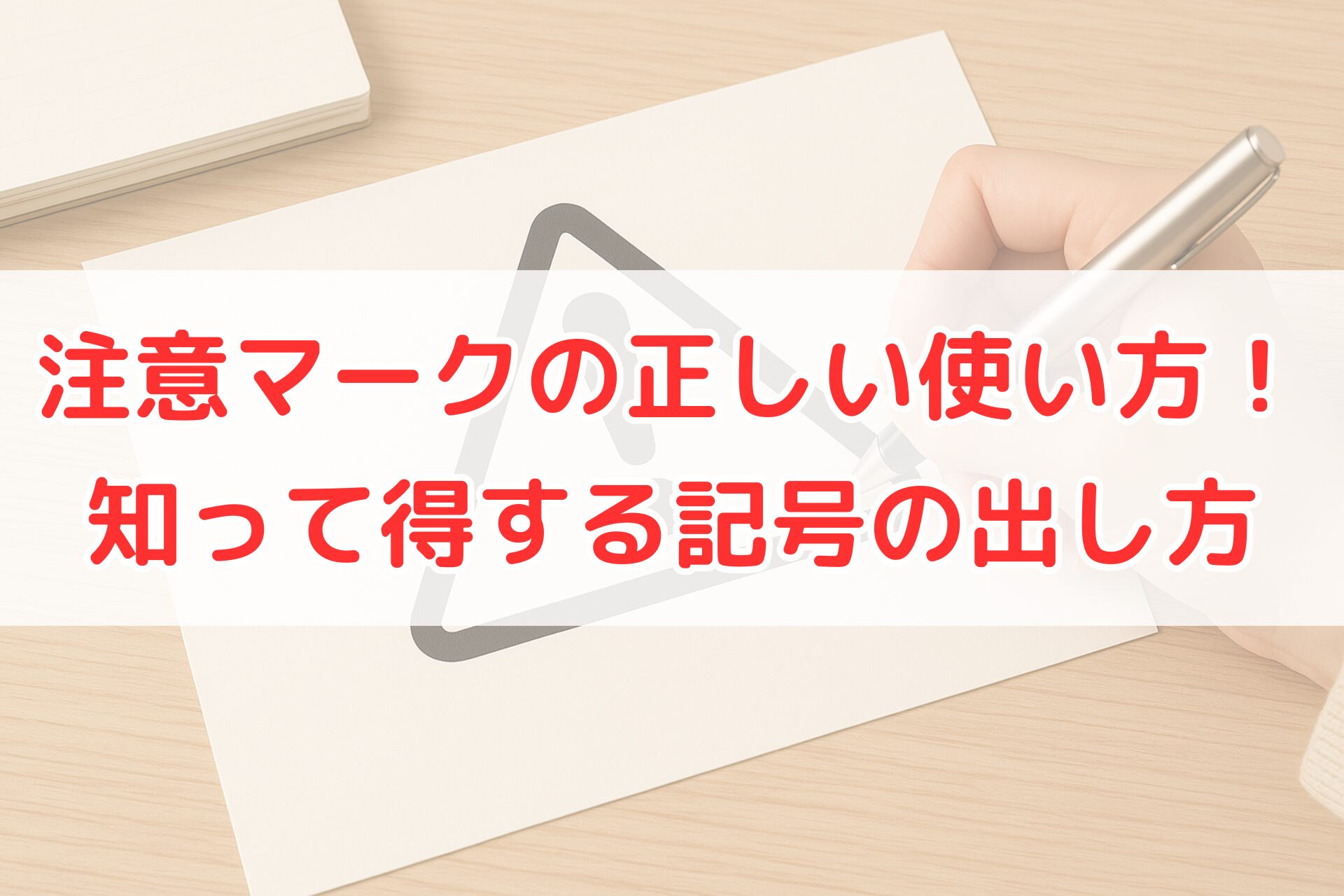 注意マーク（警告マーク）を白い紙に描いている手元。三角形に感嘆符の記号を描く様子がわかる、注意マークの正しい使い方や記号の出し方をイメージできる写真。