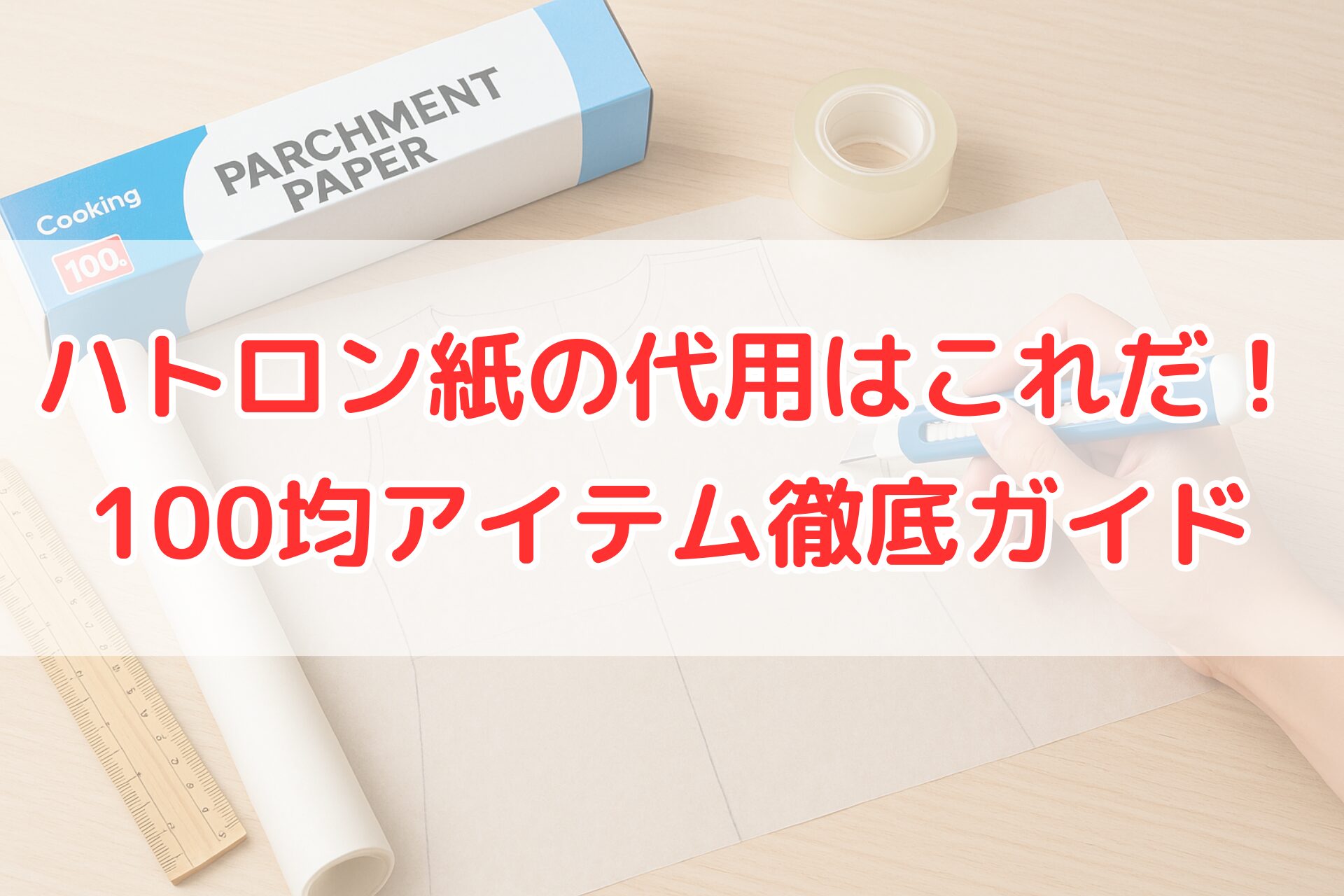 ハトロン紙の代用として使えるクッキングシートを使い、型紙を切り抜く作業をしている手元。100均アイテムで型紙作成ができることをイメージできる、明るく清潔感のあるクラフト作業風景。