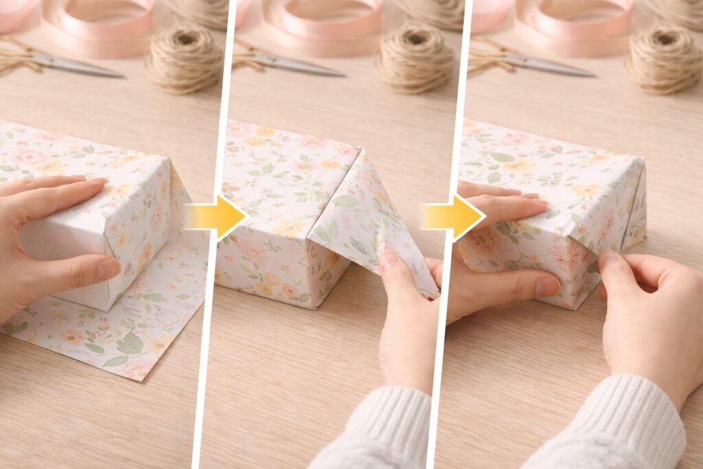 包装紙で箱の角を三角形に折り込む手順を、手元の動きが分かるように写した写真。長方形の箱をきれいに包むための角の折り方を示している。