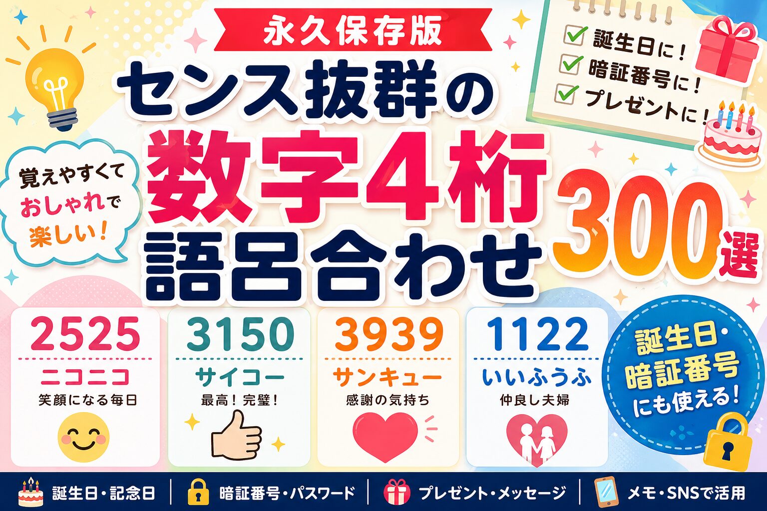 数字4桁の語呂合わせ300選を紹介するカラフルなアイキャッチ画像。2525・3150・3939・1122など人気の4桁語呂合わせを、おしゃれで見やすいデザインでまとめたサムネイル。誕生日・暗証番号・プレゼント向けの活用イメージ付き。