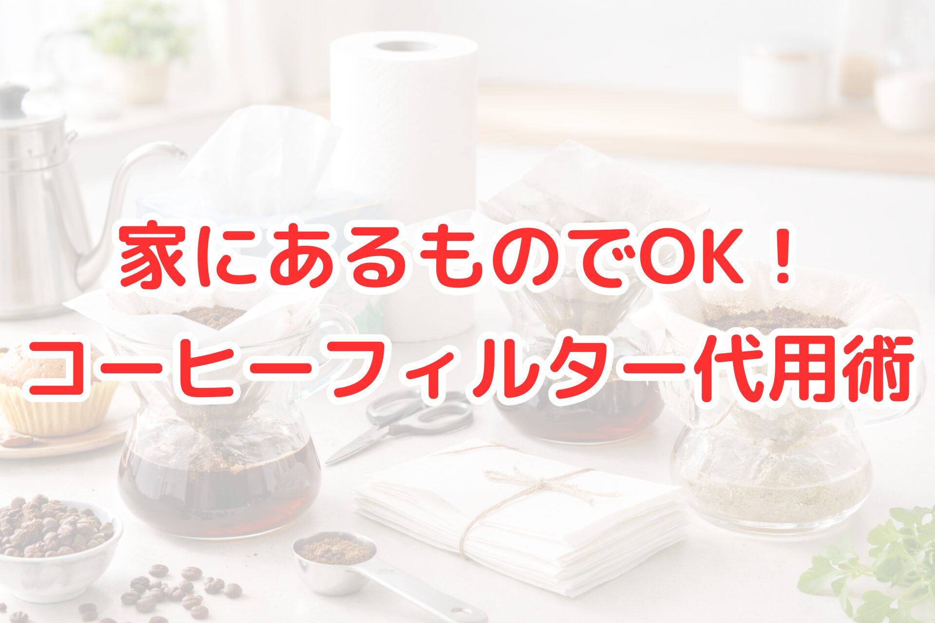 キッチンのカウンターで、ペーパータオルやティッシュ、布を使ってコーヒーを抽出している様子。コーヒードリッパーに代用品をセットし、家庭にあるものでコーヒーフィルターを代用しているシーン。