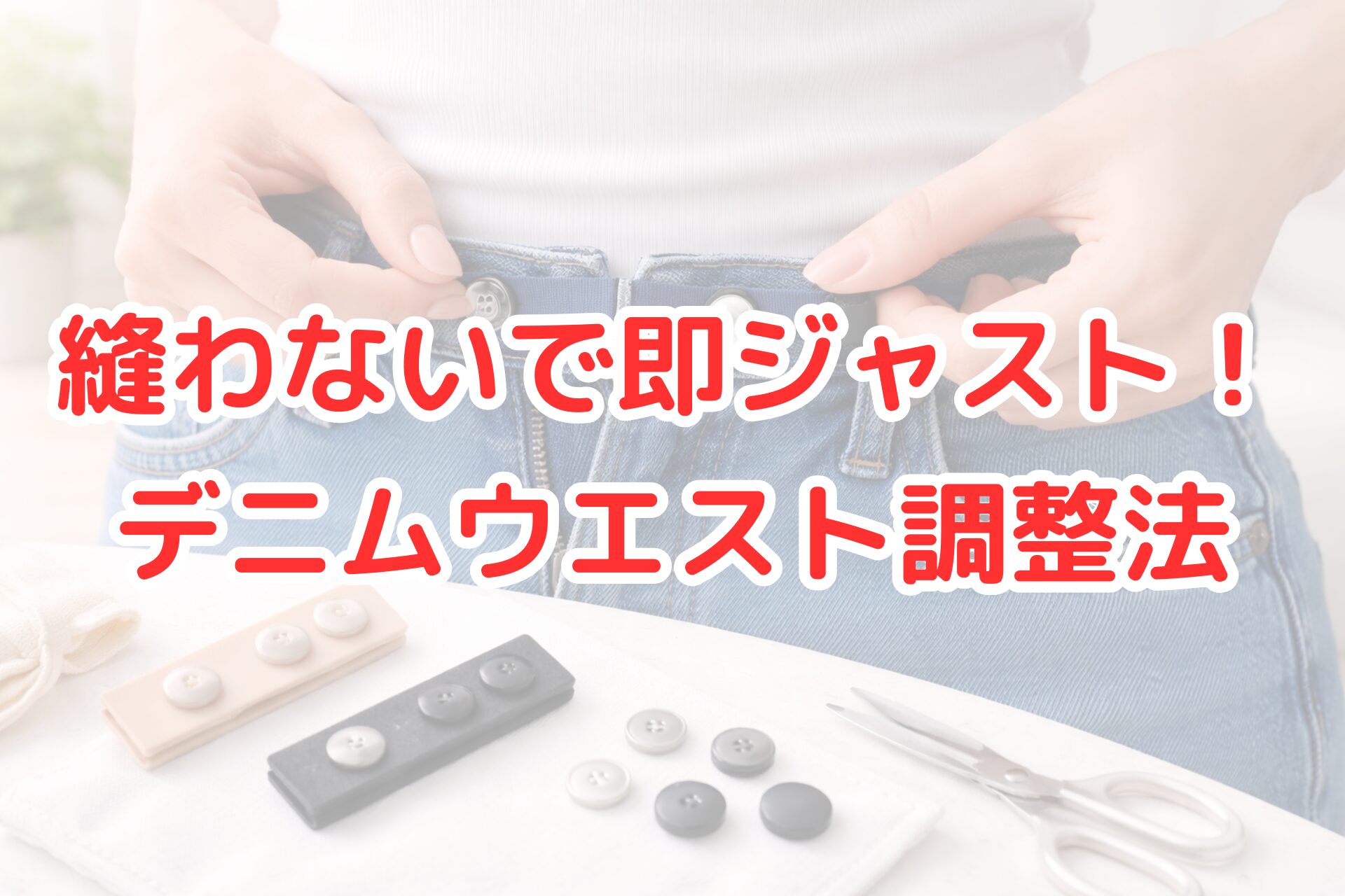 縫わずに使えるウエスト調整用のボタンを使い、デニムパンツのウエストをその場で調整している様子の写真。