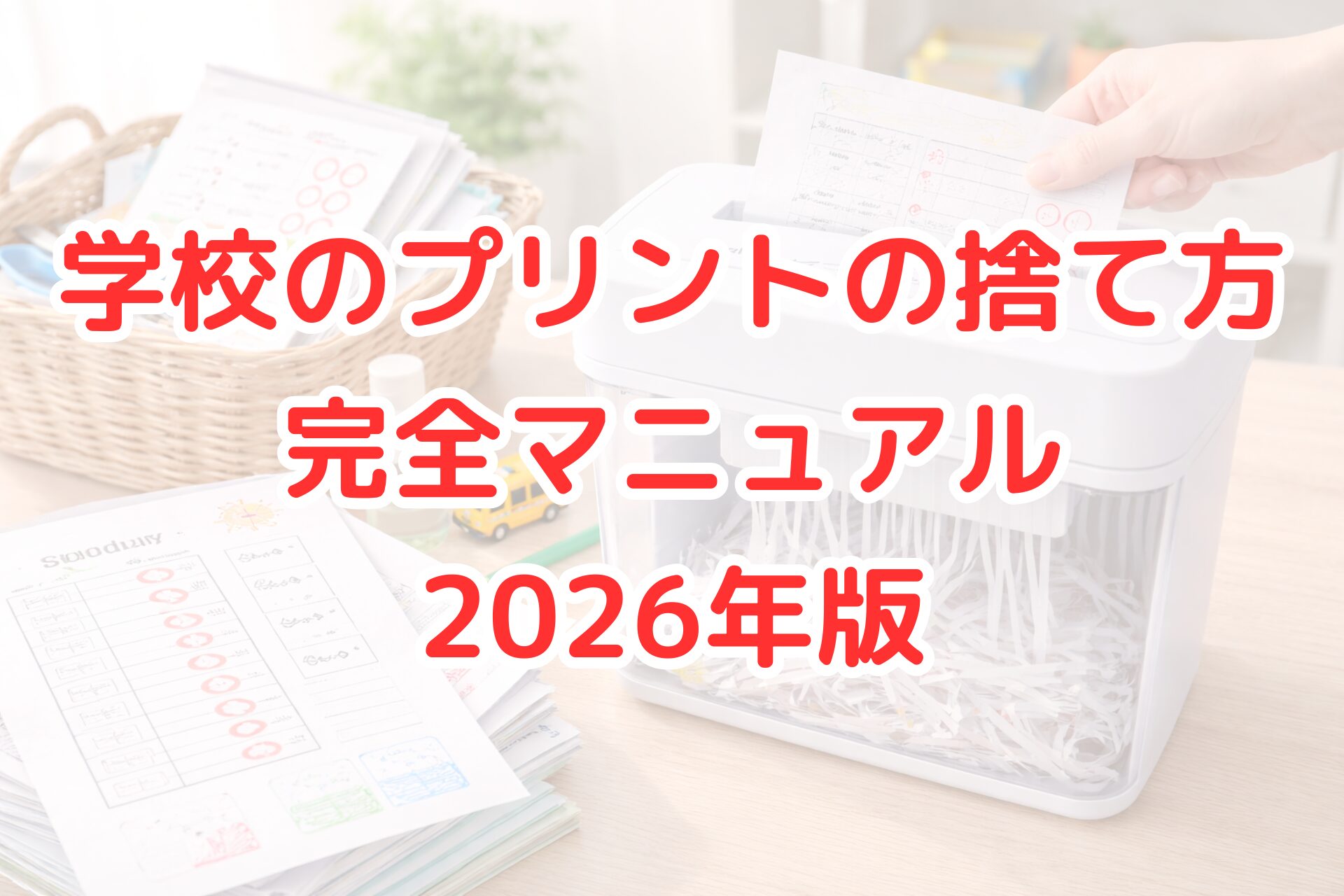 学校のプリントをシュレッダーにかけて処分している様子の写真。テスト用紙や連絡プリントを整理・廃棄している場面。