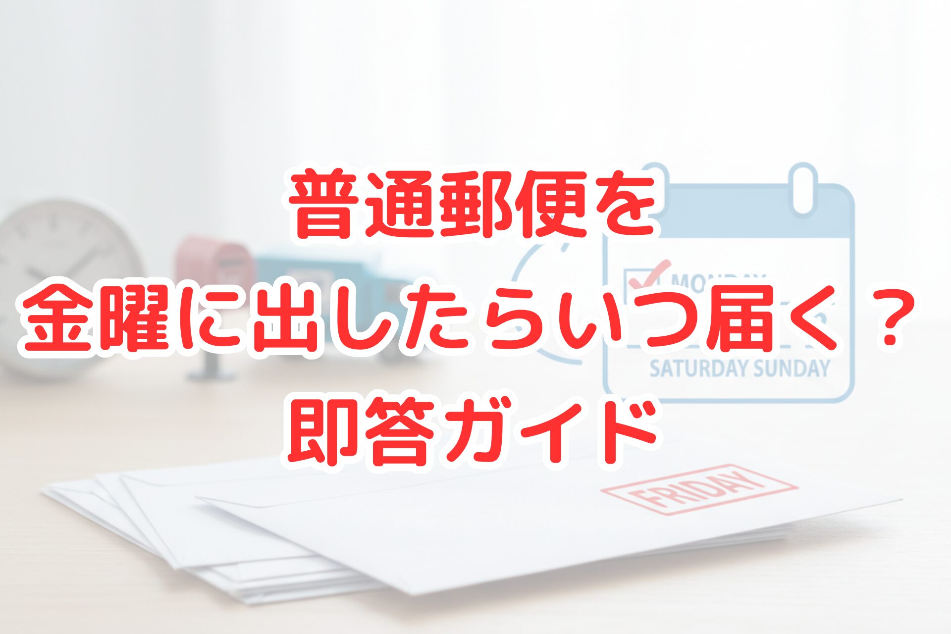 明るい木目調のデスクに置かれた封筒の束と、金曜から月曜への配達の流れをイメージさせるカレンダーのアイコン