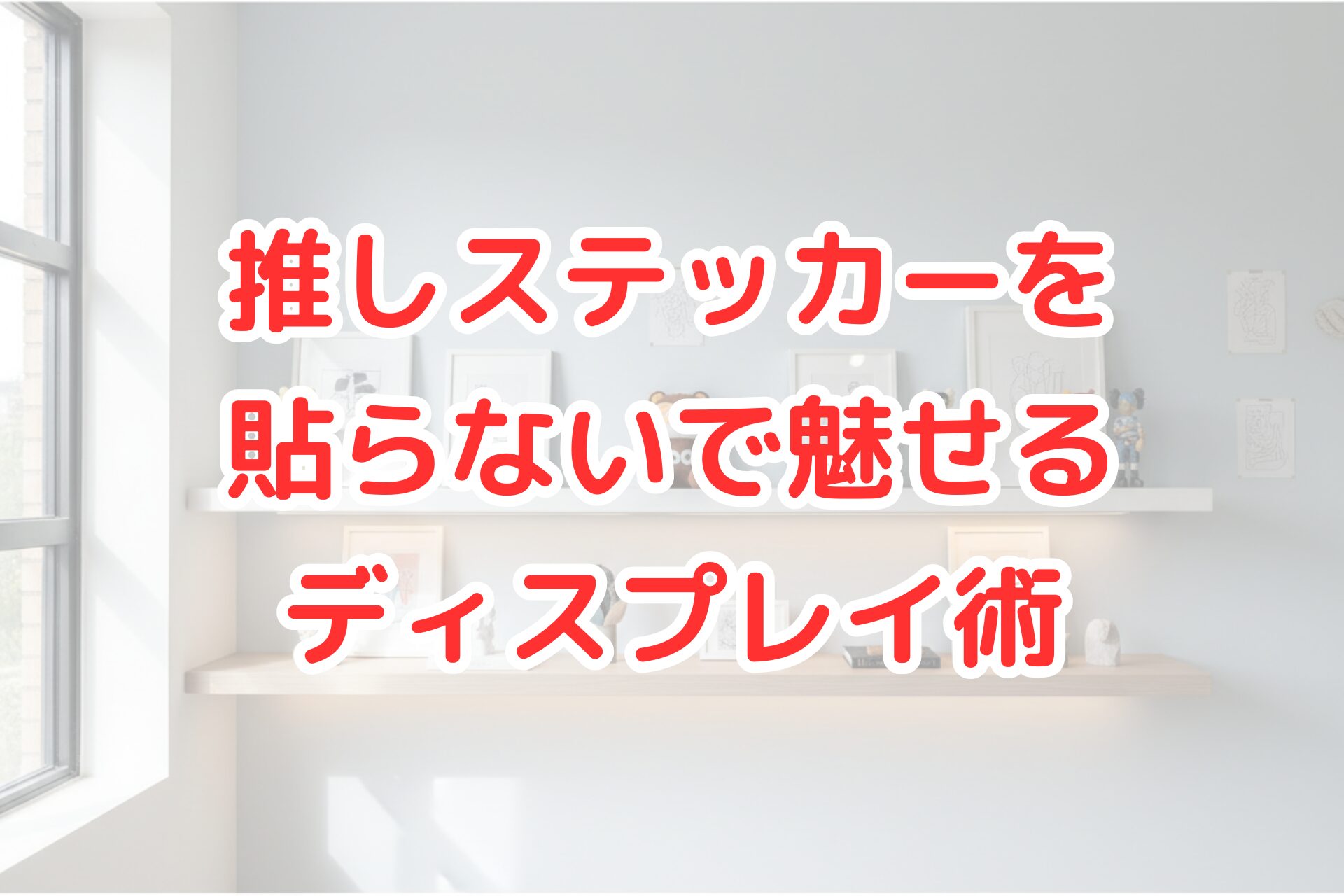 ウォールシェルフを使って、ステッカーやイラスト、フィギュアを貼らずに飾っているインテリア例。フレームや小物を並べた、明るく清潔感のあるディスプレイ。