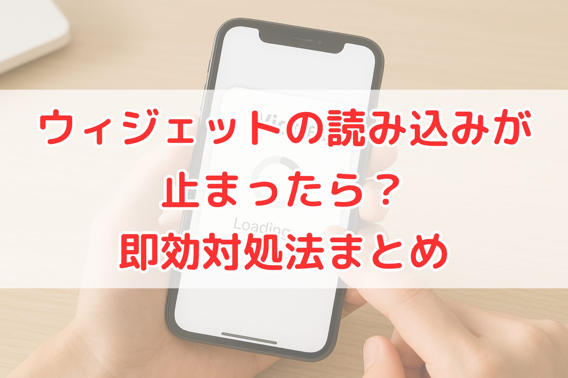 スマートフォンの画面にウィジェットの読み込み中を示す「Loading…」が表示されている様子。読み込みが止まった状態に困っている状況をイメージできる写真。