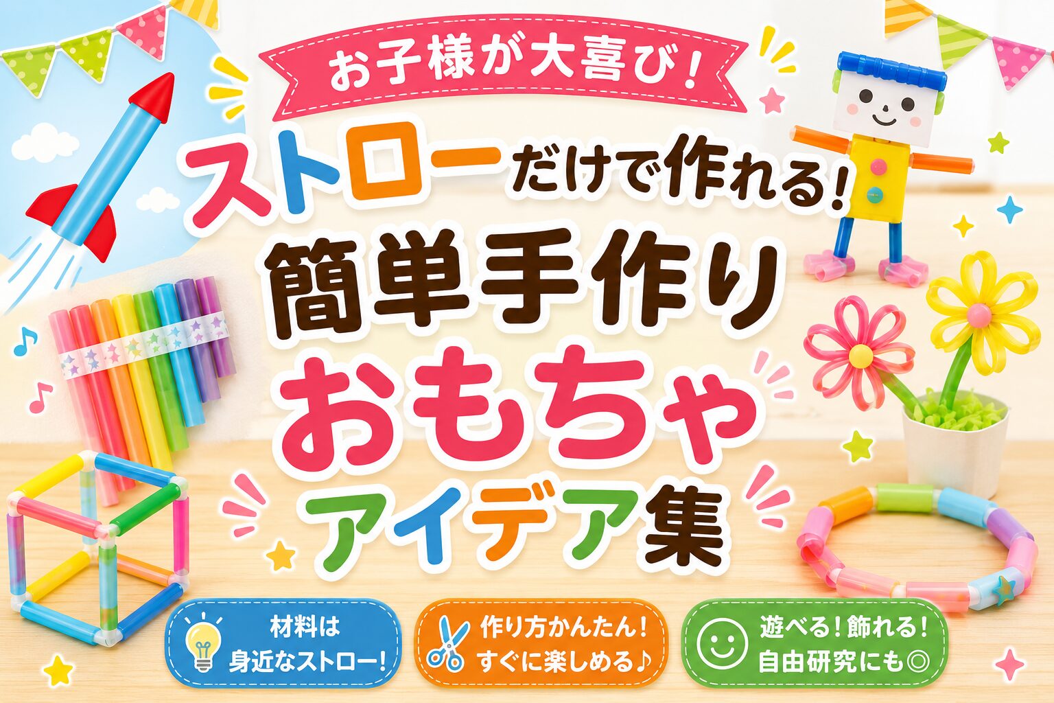 簡単だけどすごいストロー工作アイデアを紹介するアイキャッチ画像。子どもが喜ぶストローロケットやストローフラワーなどの手作りおもちゃを掲載。