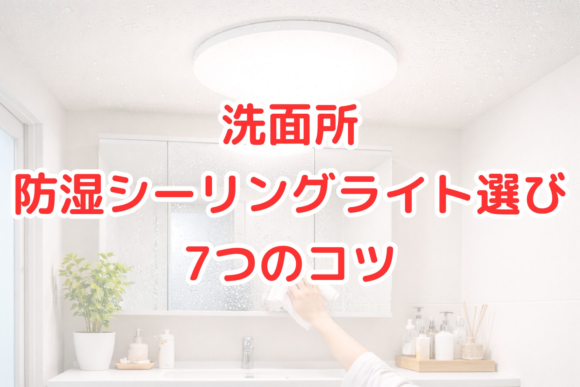 洗面所の天井に設置された防湿タイプのシーリングライトが明るく照らし、鏡についた水滴を拭いている様子の写真。清潔感のある洗面空間。
