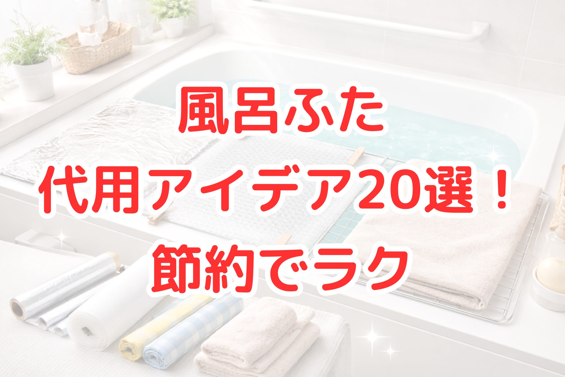 アルミホイルやプチプチ、タオルなど身近なアイテムで浴槽を覆った風呂ふた代用アイデアを並べた写真風アイキャッチ画像。風呂ふた代用で保温・節約・ラク家事を実現する方法がひと目で分かる、明るく清潔感のあるバスルームのビジュアル。