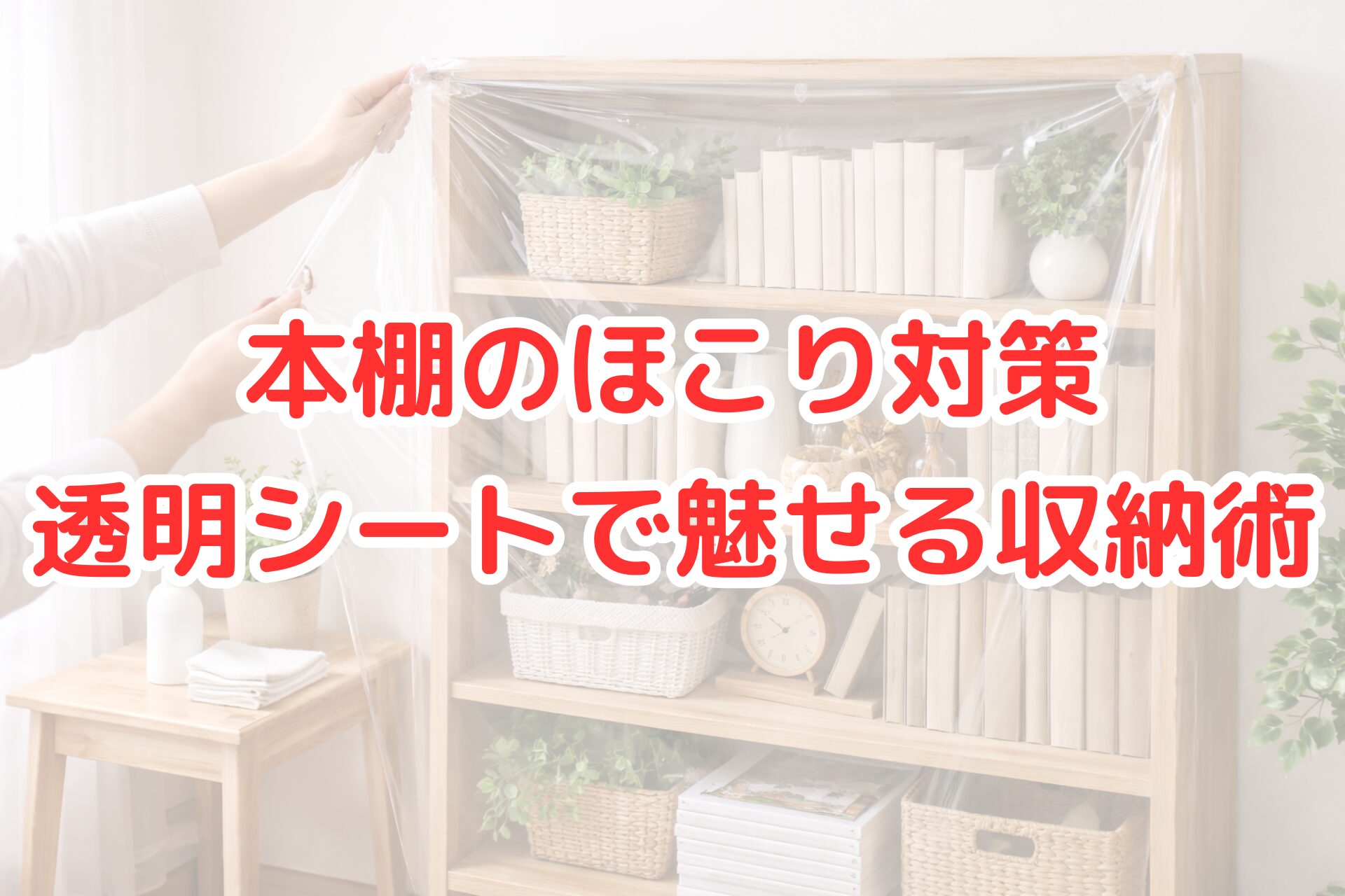 本棚の前面に透明シートを取り付け、ほこりを防ぎながら本や雑貨をすっきり見せている収納の様子を写した写真。