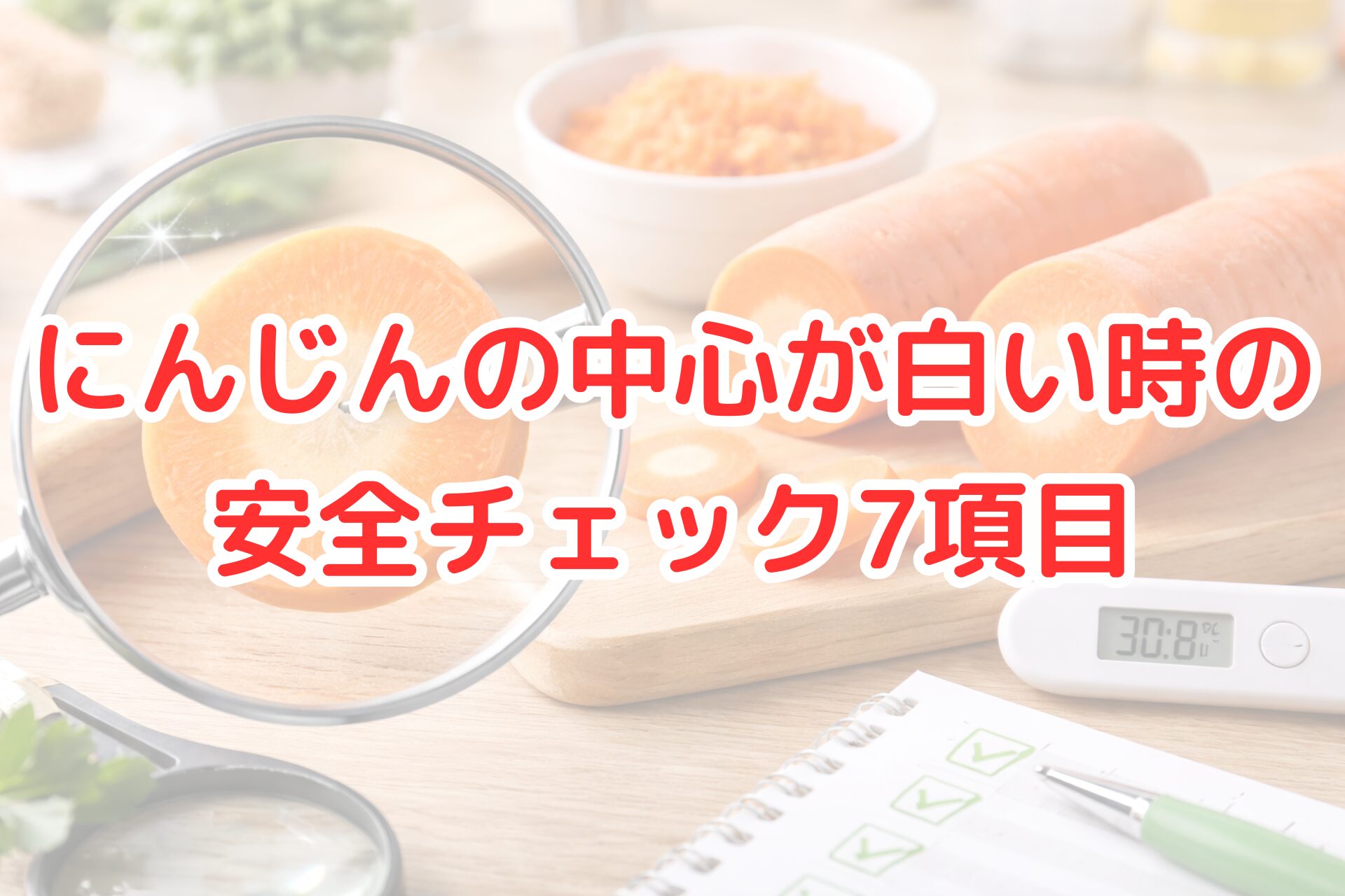 にんじんを輪切りにした断面を拡大し、中心が白く見える状態を確認している写真風アイキャッチ画像。温度計やチェックリストを添えて、にんじんの中心が白い時に食べても安全かどうかを判断するチェックポイントや見分け方を分かりやすく表現している。