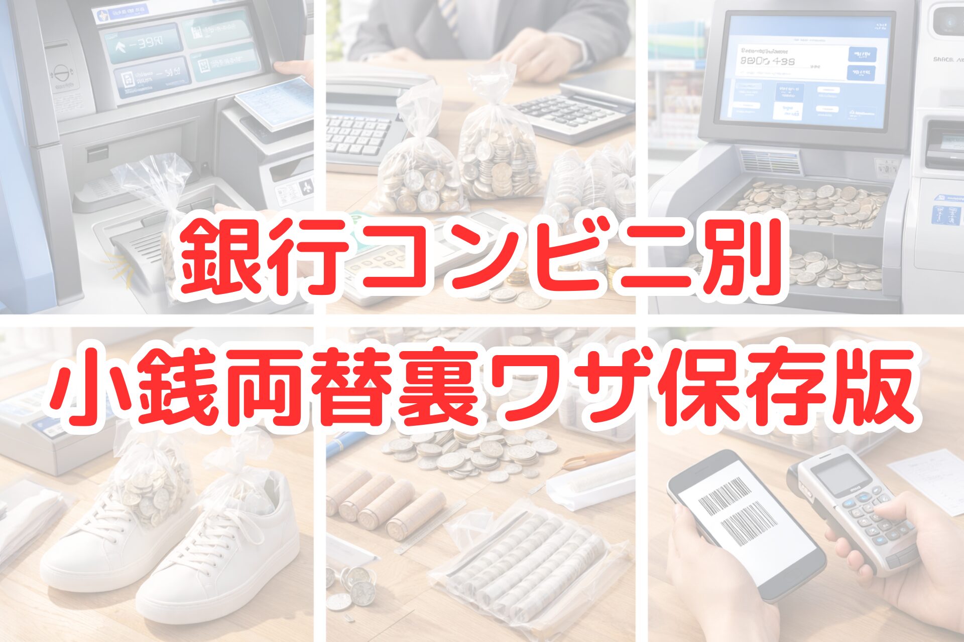 銀行ATMや窓口、コンビニレジで小銭を両替・入金している様子をまとめた写真風アイキャッチ画像。袋に入れた硬貨やコイン計算機、バーコード決済画面などが並び、銀行やコンビニで使える小銭両替の方法やコツを分かりやすく伝えるビジュアル。