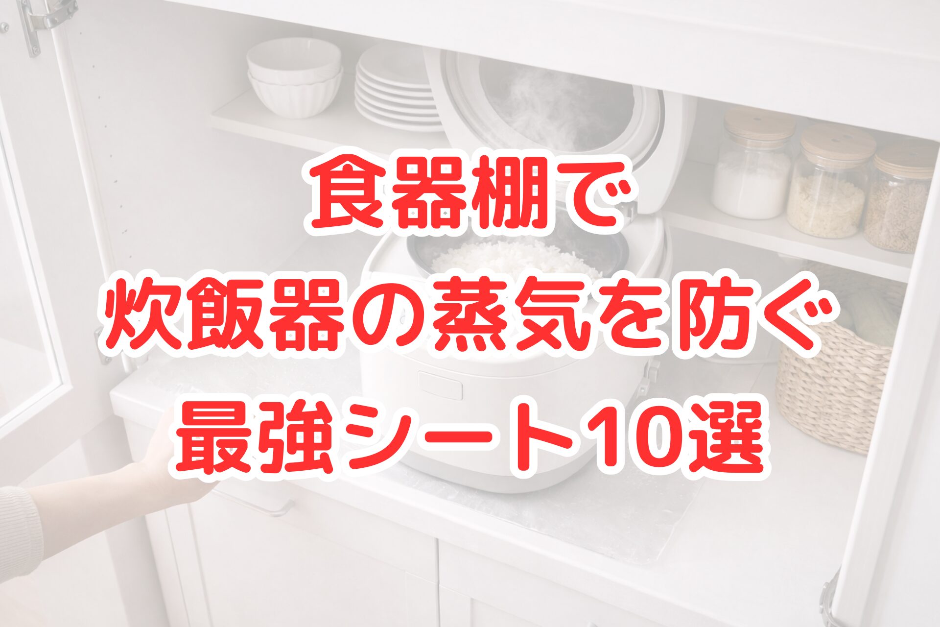 食器棚の中に置いた炊飯器から立ち上る蒸気を、耐熱シートで受け止めている様子の写真。蒸気による棚板の劣化を防ぐ工夫が分かる。