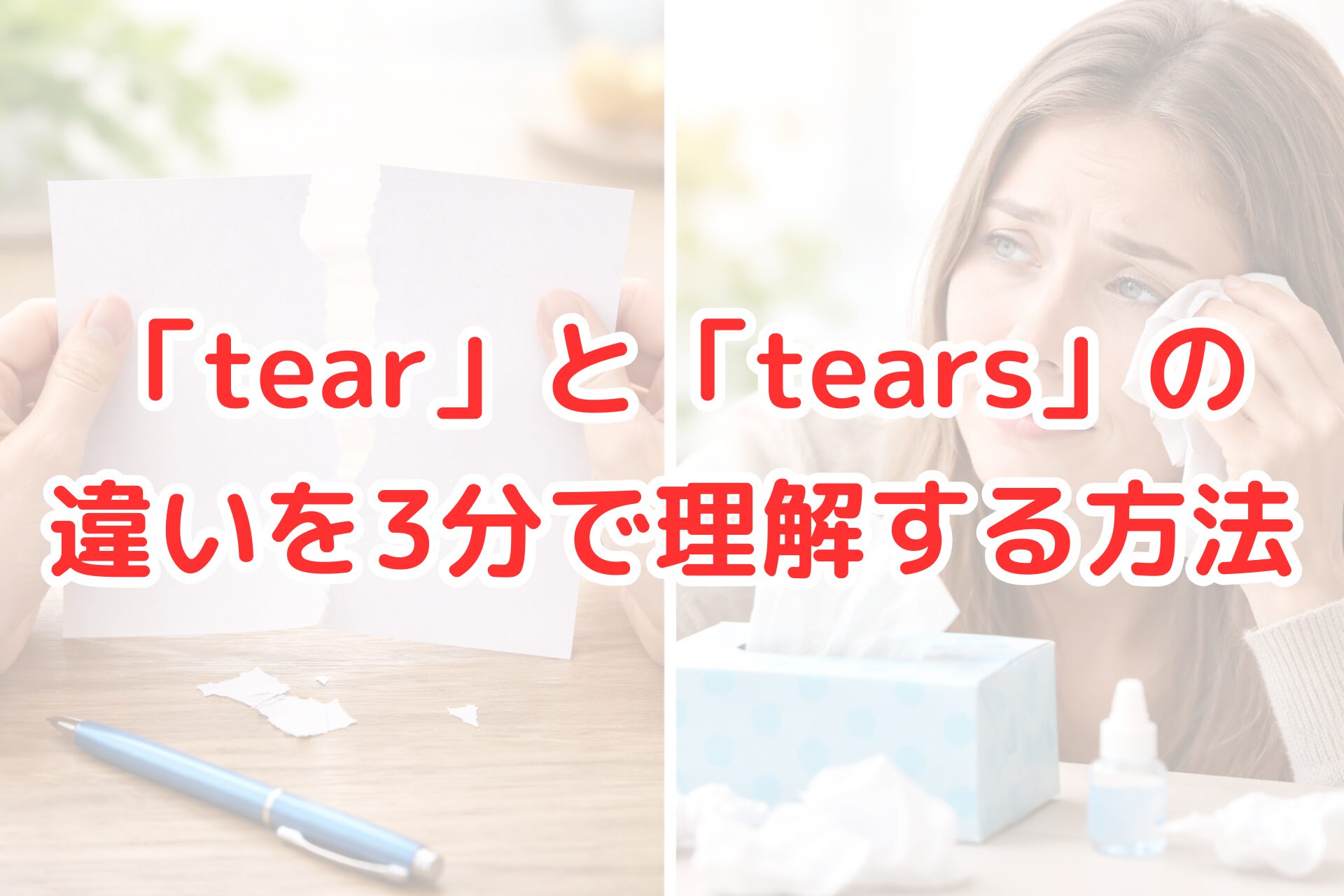 白い紙を両手で破いている様子と、ティッシュで目元をぬぐう女性の表情を左右に配置した写真風ビジュアル。片方は物が裂ける様子、もう片方は涙を流す様子を表現し、英語の「tear」と「tears」の意味の違いを直感的に伝える、明るく清潔感のあるアイキャッチ画像です。