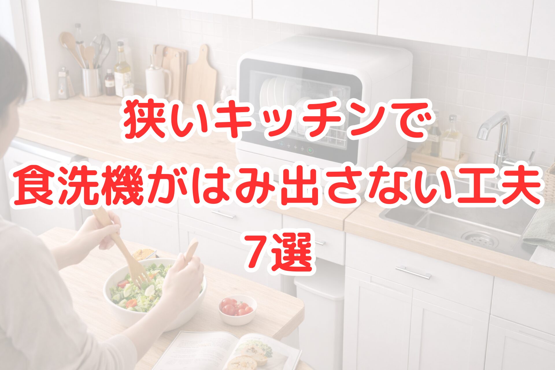 狭いキッチンのカウンター上にコンパクトな食洗機を設置し、作業スペースを確保しながら調理している様子の写真。はみ出さずに収まった配置の工夫が分かる。