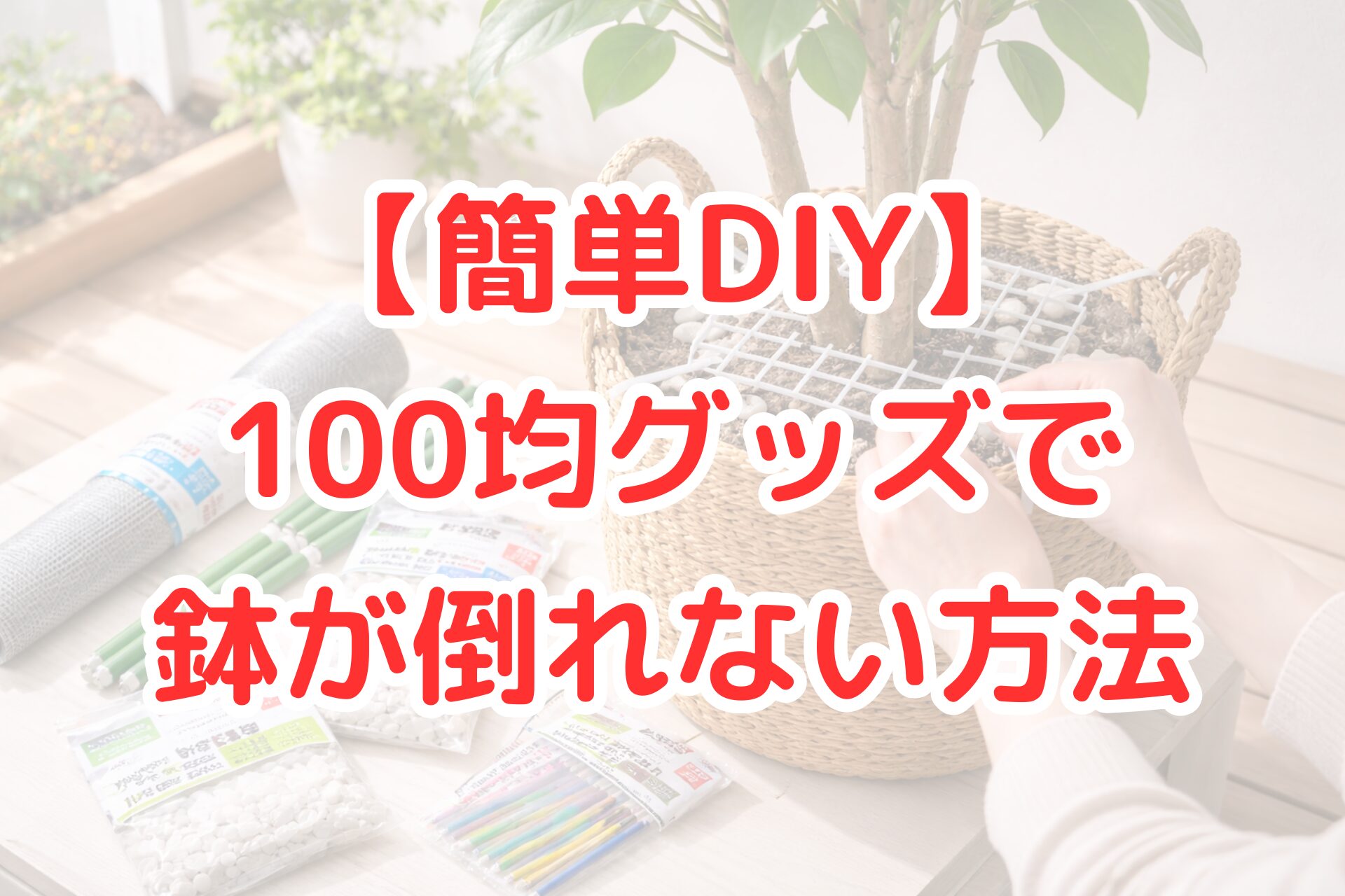 100均グッズの結束バンドとワイヤーネットを使い、鉢植えの土の表面を固定して植物が倒れないようにしているDIY作業の様子を写した写真。