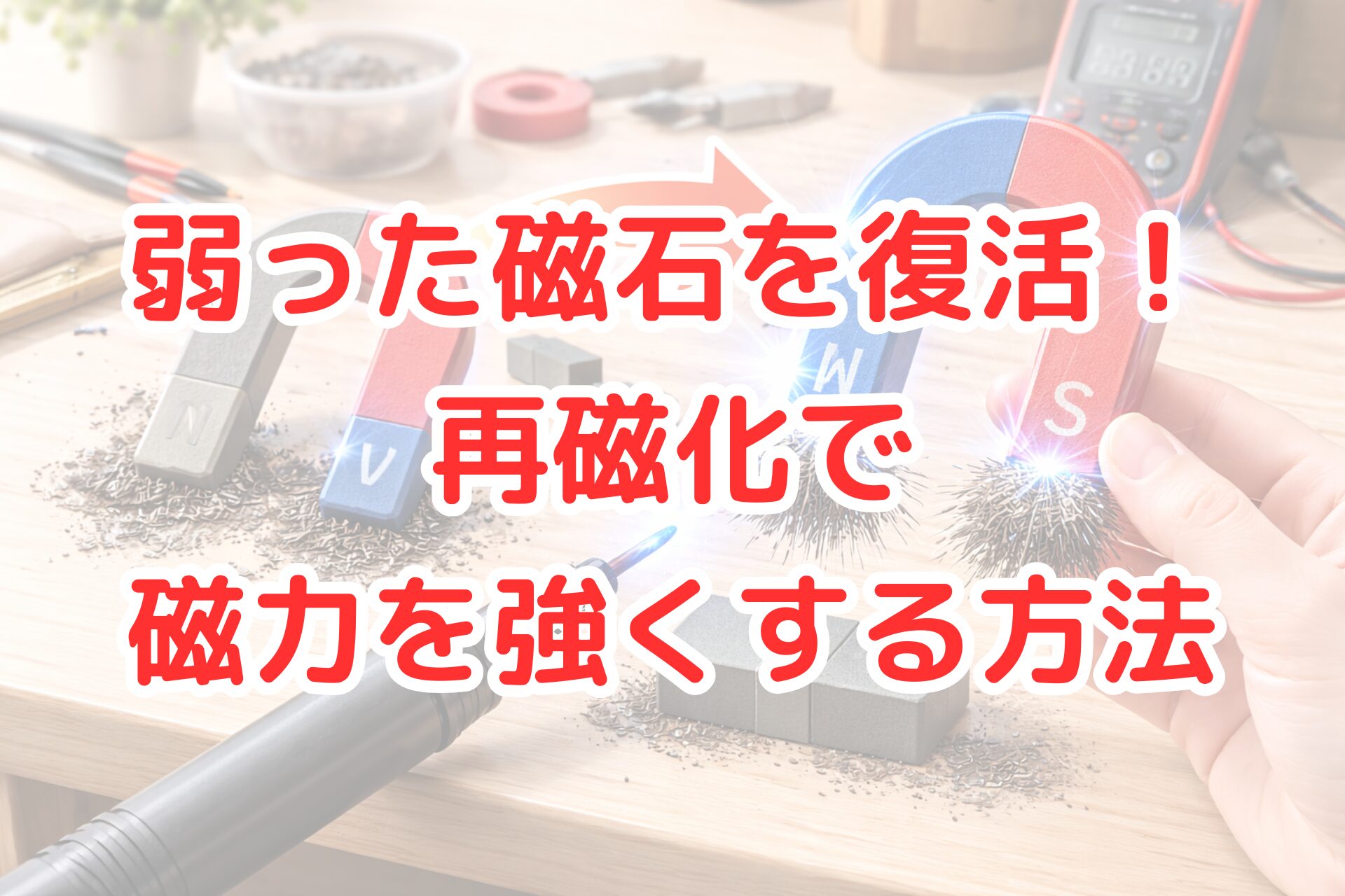 弱ったU字磁石を再磁化して磁力を復活させる様子を写した写真風アイキャッチ画像。鉄粉が集まる磁石の比較と作業工具が並び、磁石の磁力を強くする方法や再磁化の仕組みを分かりやすく解説する内容を連想させるビジュアル。