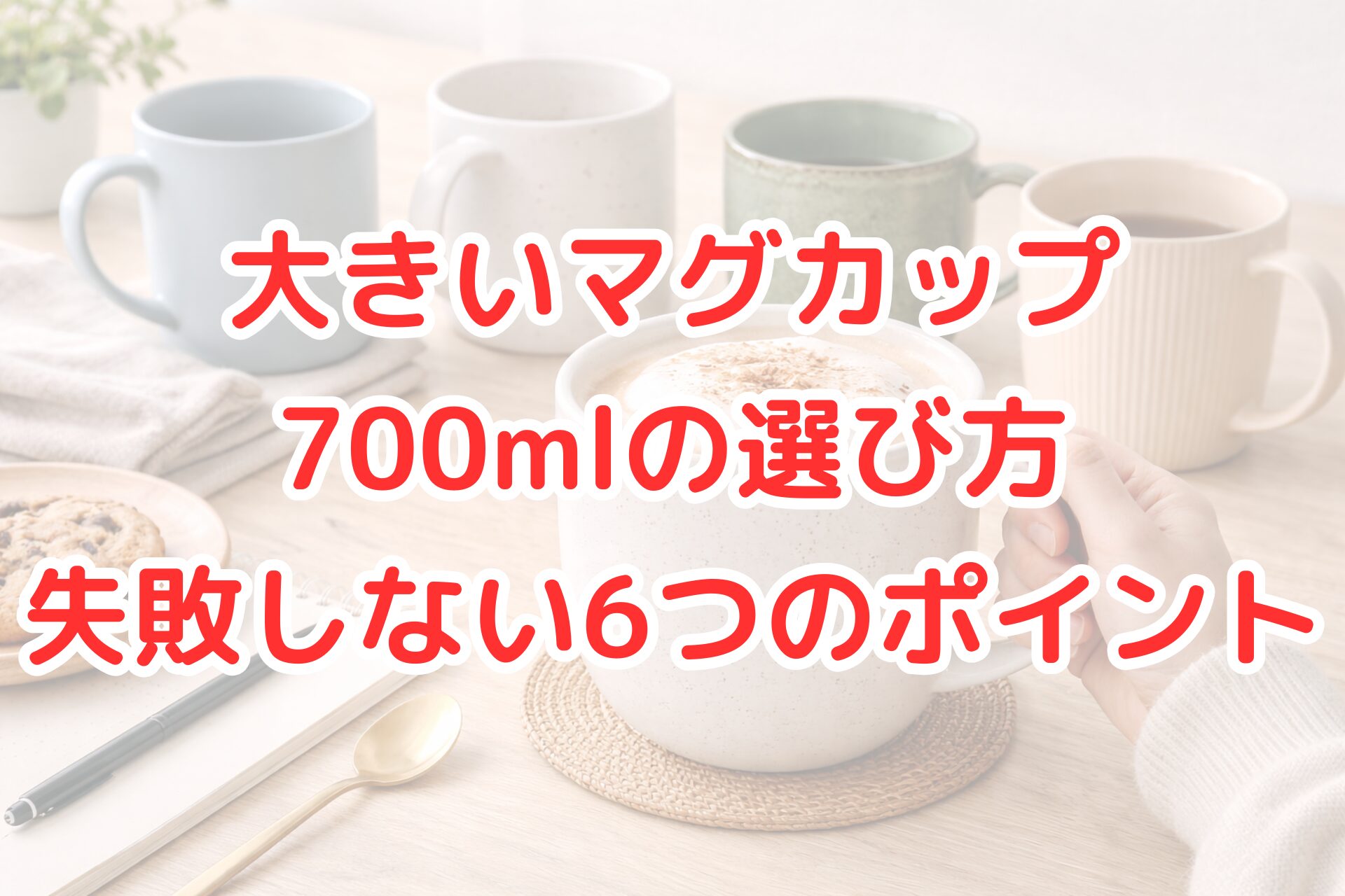 木製テーブルの上で、たっぷり容量の大きなマグカップに入ったカフェラテを手に持つ様子と、サイズや色の異なるマグカップが並べられた写真。