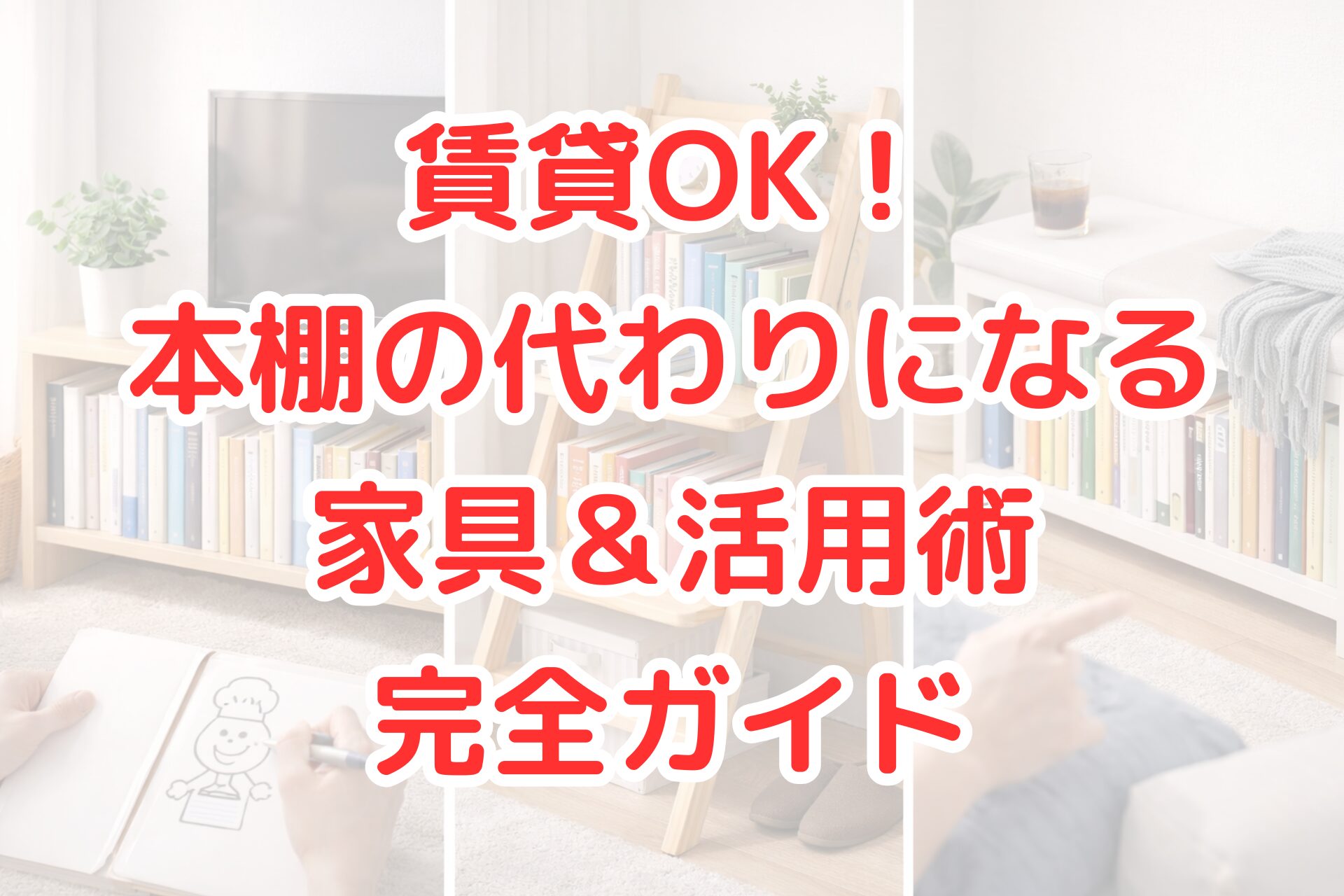賃貸のリビングで、テレビ台・ラダーラック・ベンチ型収納を本棚代わりに使い、本をすっきり収納している様子を並べて写した写真。壁を傷つけずに使える家具活用例が分かる。