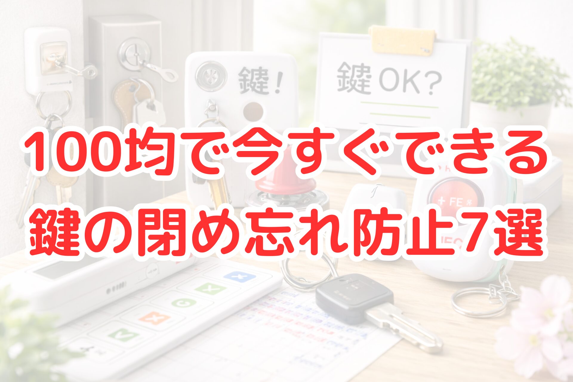 玄関まわりに100均アイテムを使った鍵の閉め忘れ防止グッズを並べた写真風アイキャッチ画像。鍵フックや「鍵OK？」と書かれたメモボード、キーホルダー型アラームなどが配置され、100均で今すぐできる鍵の閉め忘れ防止対策や確認習慣が分かりやすく伝わるビジュアル。