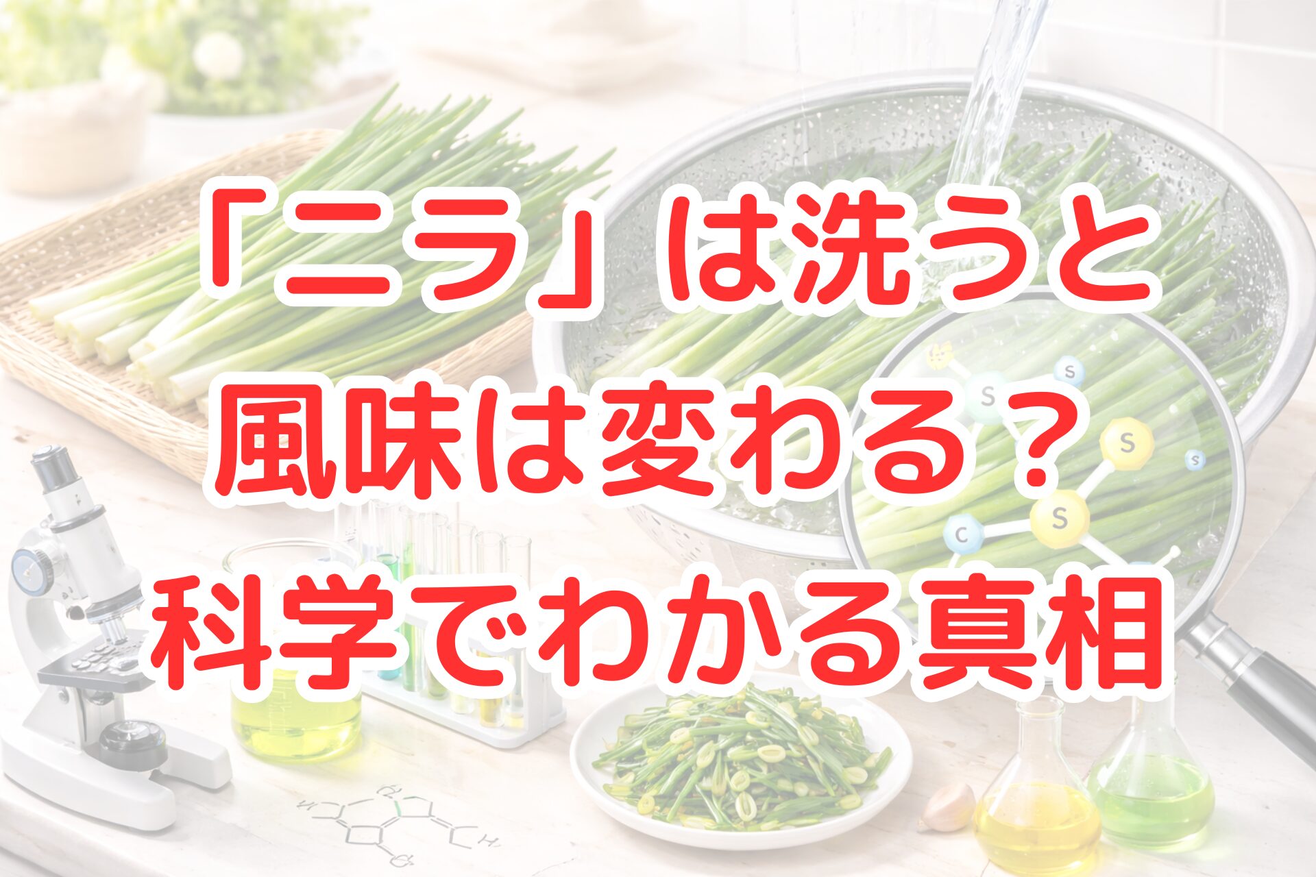 ニラを水で洗っている様子と、未洗いのニラを並べて比較した写真風アイキャッチ画像。ザルの中で洗浄されるニラと調理済みの料理、拡大表示された成分イメージがあり、ニラを洗うと風味が変わるのかを科学的に検証する内容を連想させるビジュアル。