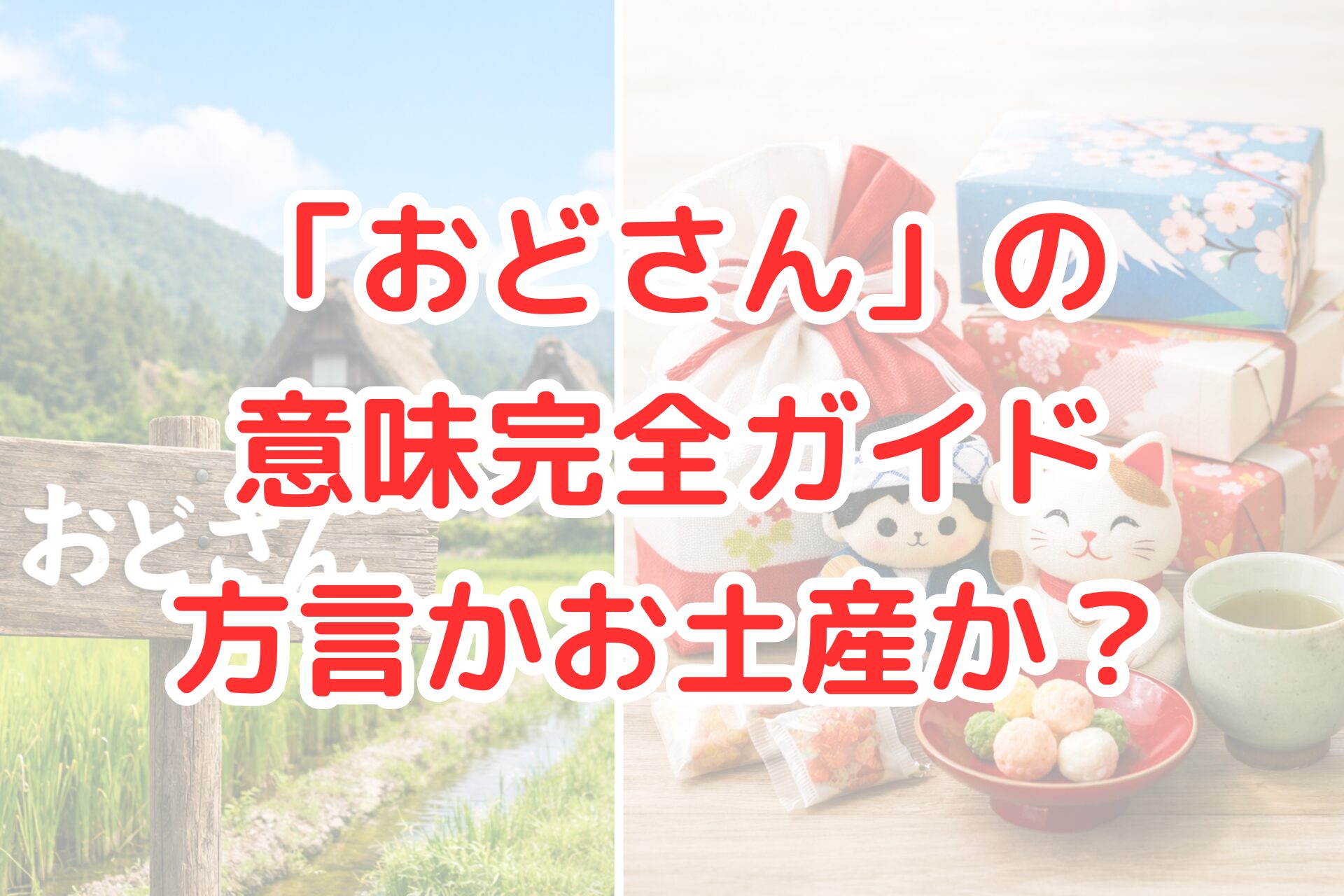 明るい青空の下、緑豊かな田園風景と合掌造りの家並みが広がる日本の里山の風景と、招き猫や和風人形、包まれたお土産菓子が木のテーブルに並ぶ日本らしい土産物の写真風ビジュアル。清潔感があり、方言とお土産のイメージを対比させたアイキャッチ画像です。