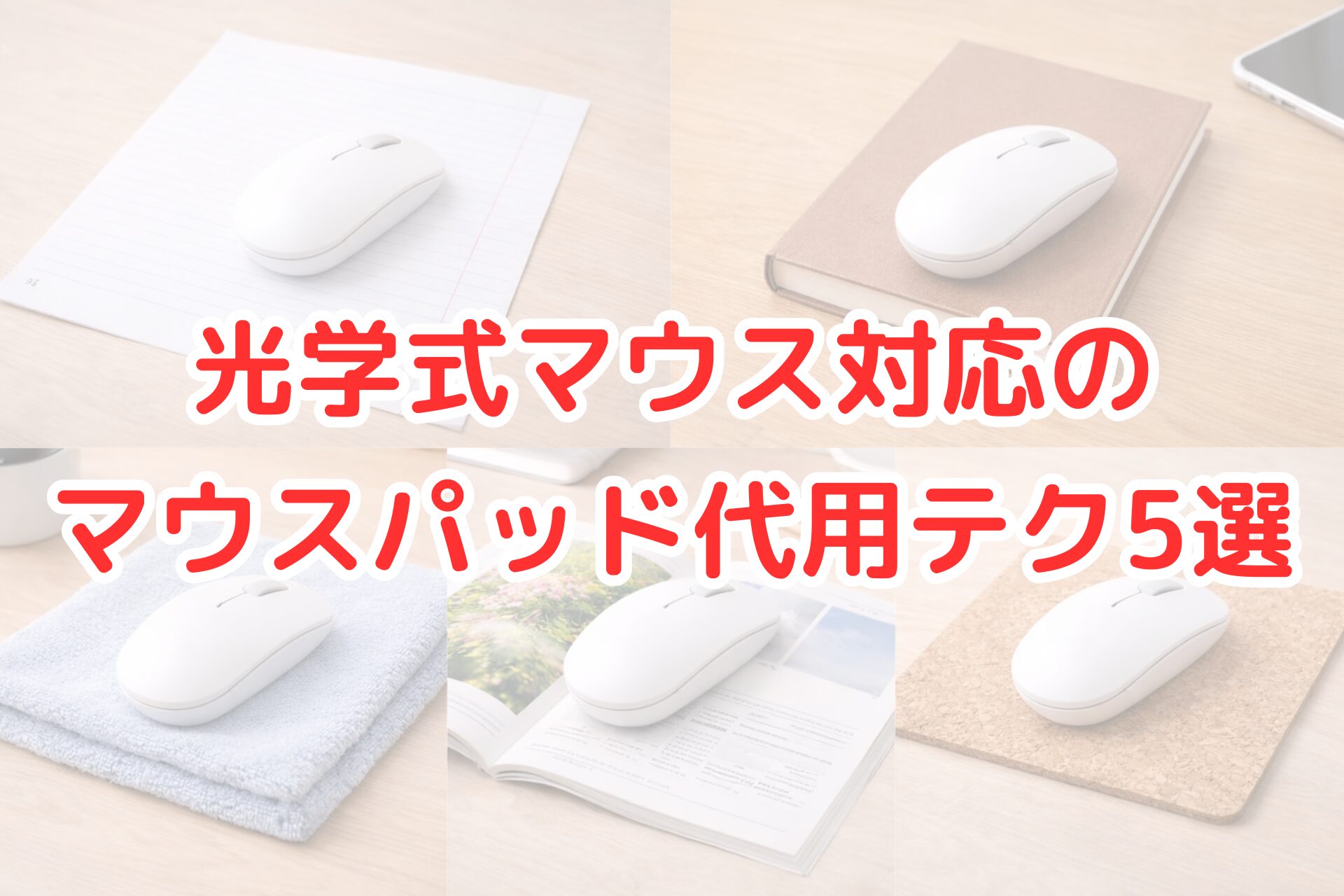 明るい木目のデスク上で、ノート、タオル、本、雑誌、コルクシートなどをマウスパッド代わりに使い、光学式マウスを置いて操作している様子を並べて写した写真。