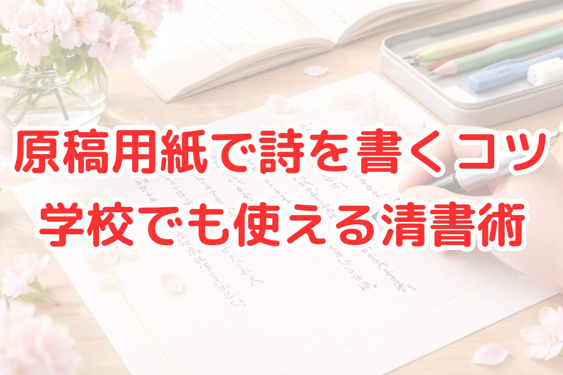 原稿用紙に万年筆で詩を書いている手元を写した写真風アイキャッチ画像。マス目に沿って丁寧に文字を清書する様子と文房具が並び、原稿用紙で詩を書くコツや学校提出用のきれいな清書方法を分かりやすく伝えている。