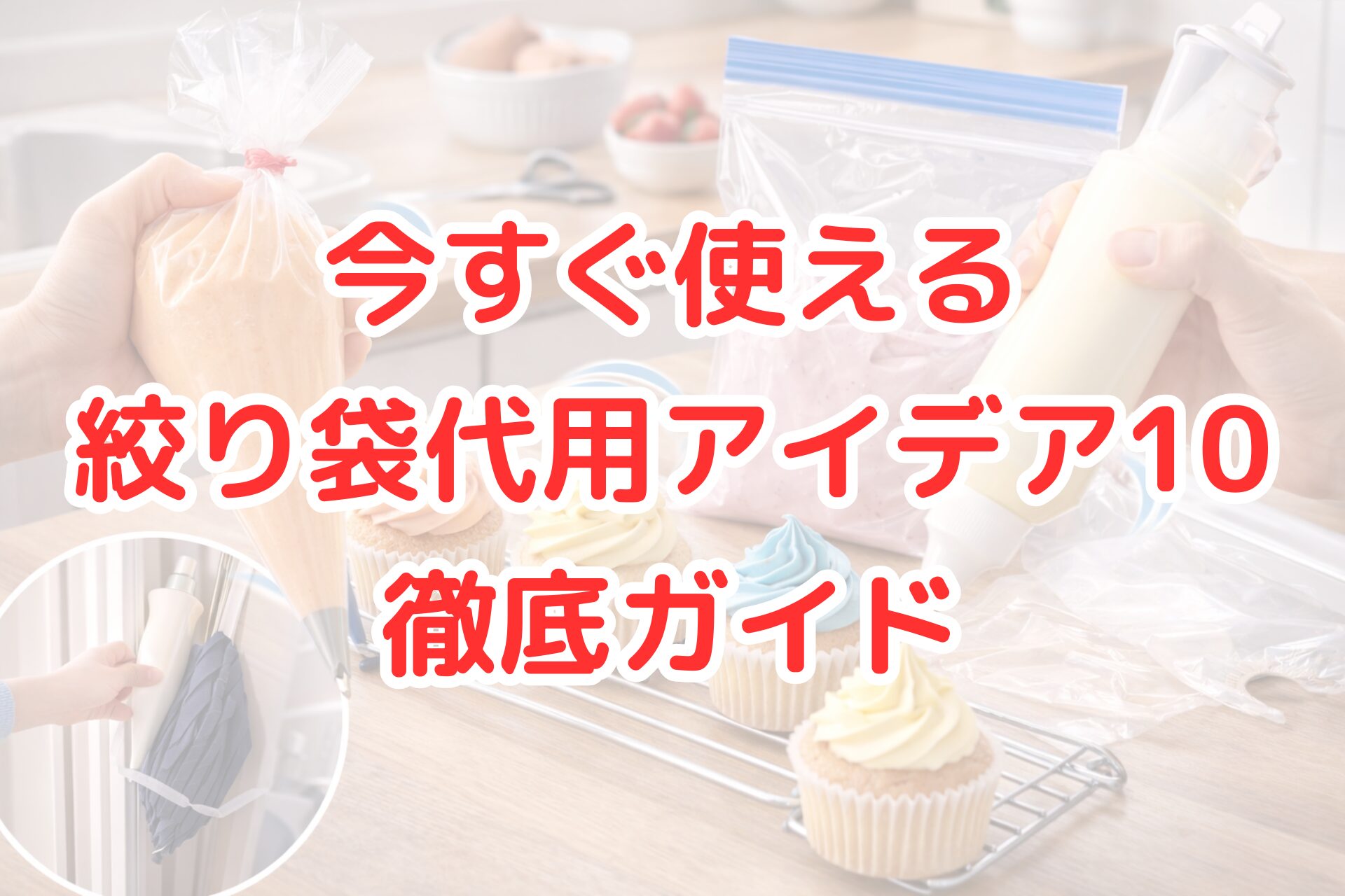明るいキッチンで、保存袋やビニール袋、ディスペンサー容器を使ってクリームを絞り、カップケーキをデコレーションしている様子の写真。絞り袋の代用品アイデアが分かる。