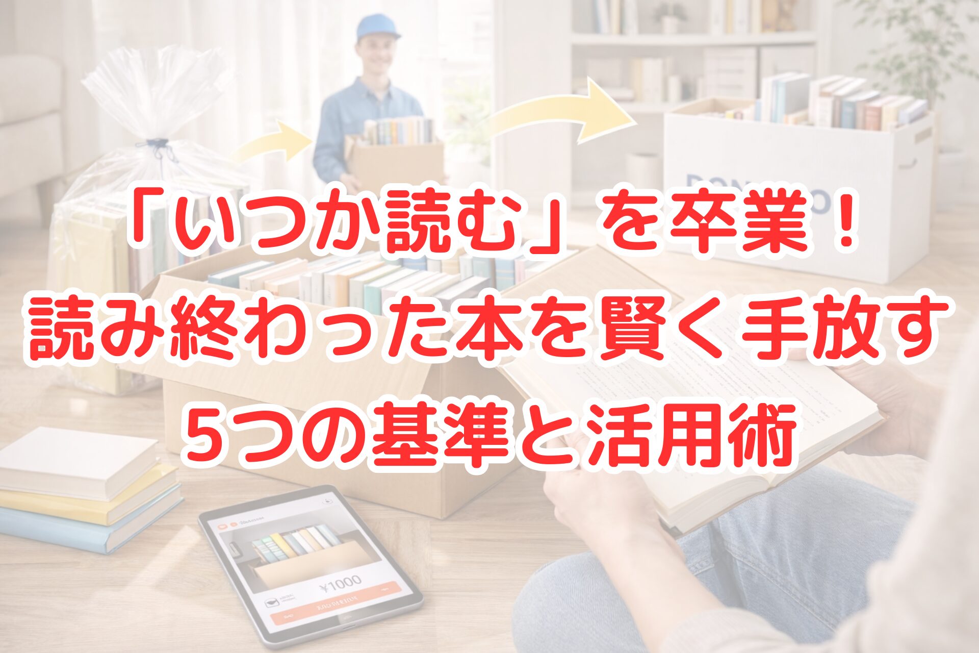 明るいリビングで、読み終わった本を手に取り、段ボール箱に整理しながら寄付や売却の準備をしている様子の写真。本を賢く手放す流れが分かる。