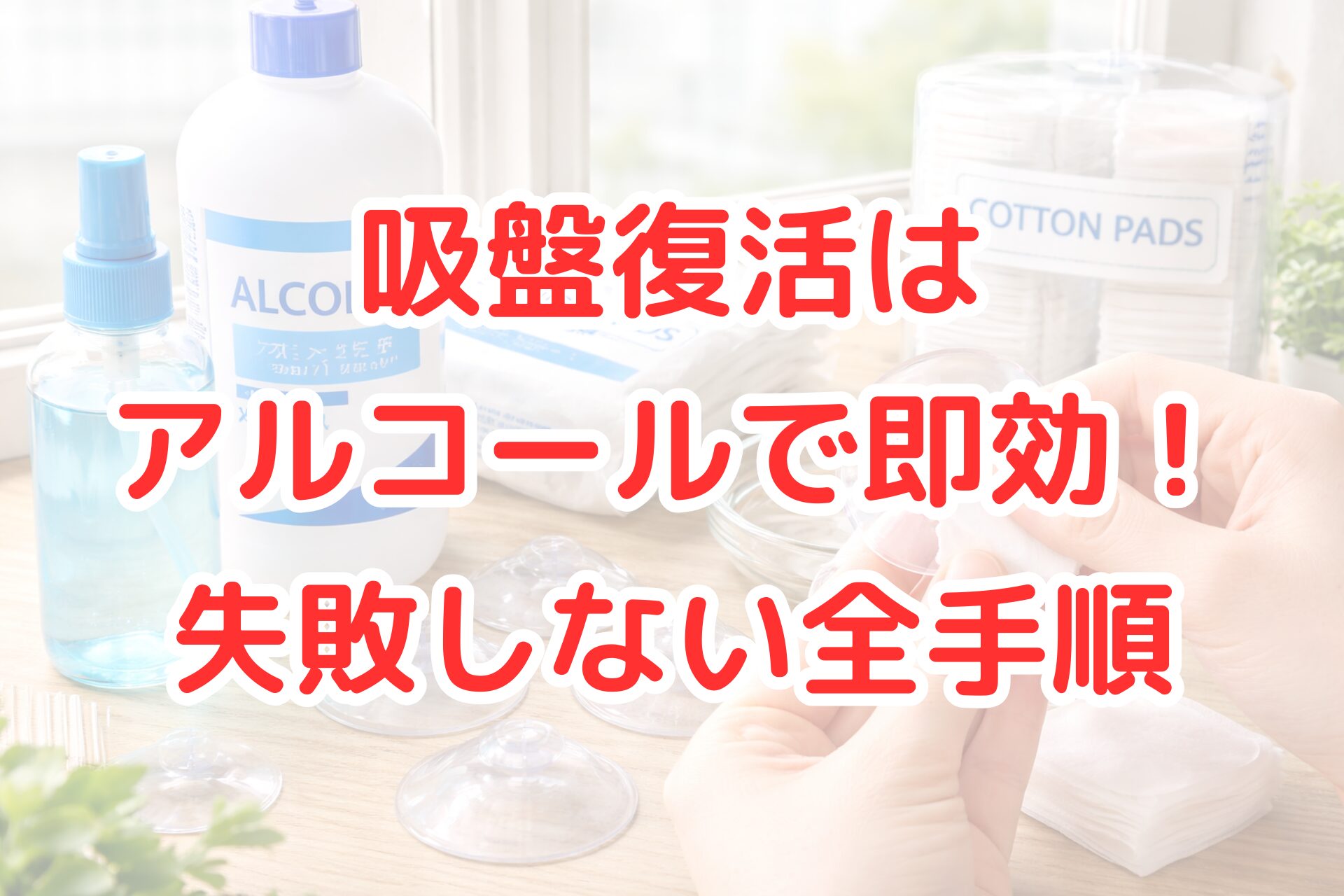 アルコールとコットンを使って吸盤を拭き取り、吸着力を復活させている手元の写真風アイキャッチ画像。汚れた吸盤を簡単に復活させる方法や、アルコールを使った失敗しない全手順がひと目で分かる明るく清潔感のあるビジュアル。