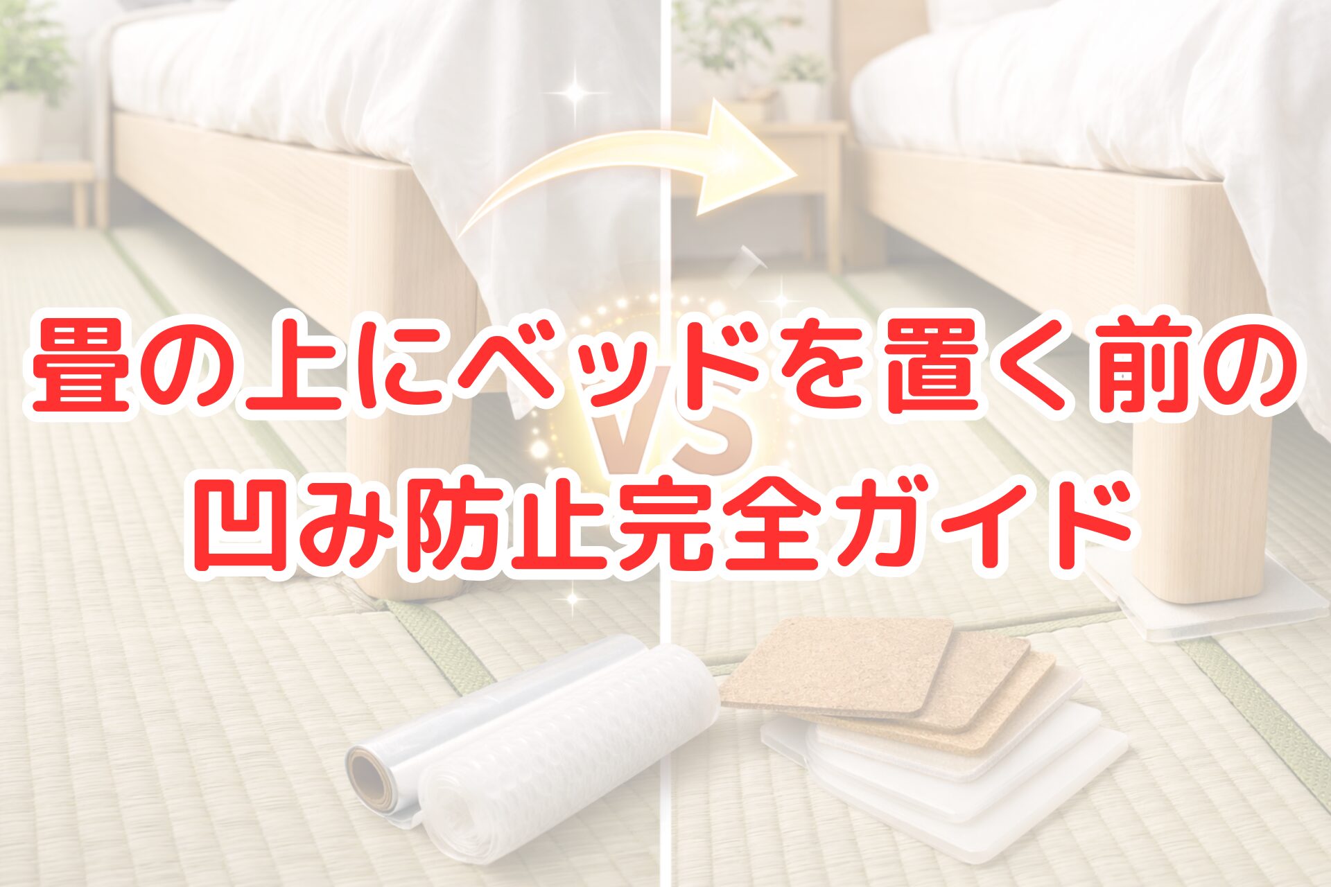 畳の上にベッドを置いた状態を比較した写真風アイキャッチ画像。左はベッド脚で畳が凹んでいる様子、右はコルクマットや保護パッドを敷いて凹みを防止している状態で、畳の凹み対策やベッド設置前の注意点が分かりやすく伝わるビジュアル。