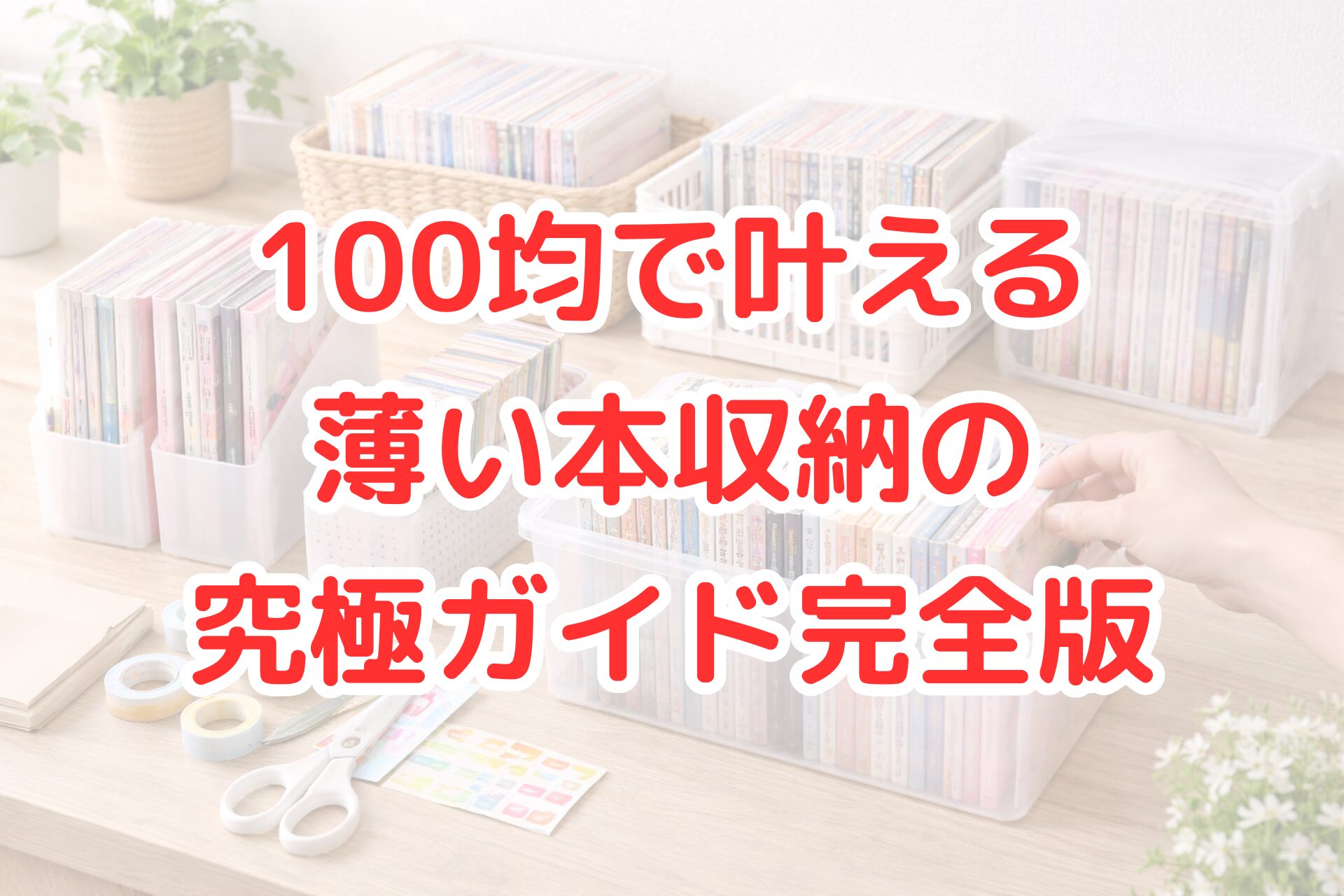 100均のクリアケースや収納ボックスを使って、薄い本や同人誌を種類別にきれいに整理・収納している様子の写真。明るく整った収納スペース。