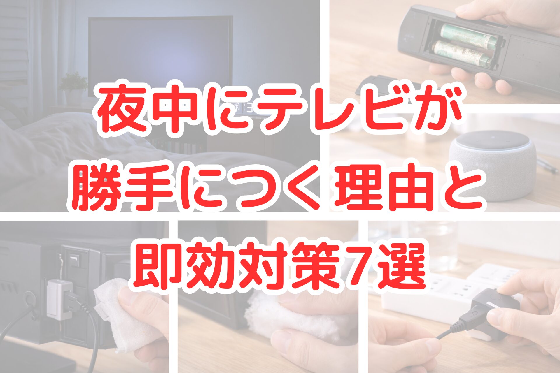 夜中の寝室でテレビが勝手につくトラブルの原因と対策を示した写真コラージュ。ベッド横で電源が入ったテレビ、液漏れしたリモコン電池、スマートスピーカー、電源タップへの接続、テレビ背面やセンサー部分を拭き掃除する手元が写っており、誤作動の理由と即効対処法を解説する内容を連想させるアイキャッチ画像。