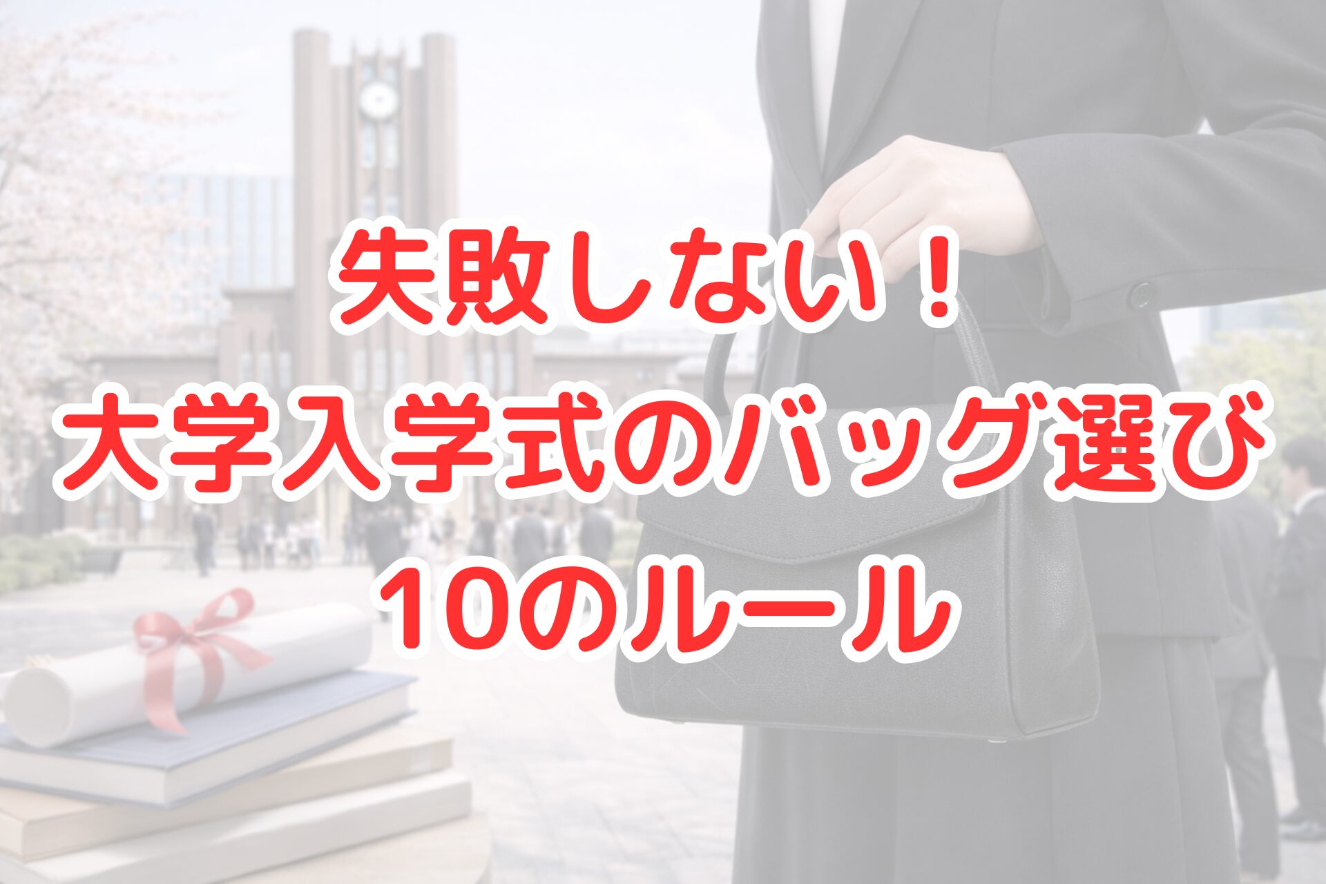 大学のキャンパスを背景に、黒いスーツ姿の女性がシンプルな黒のバッグを手に持ち、入学式の雰囲気を感じさせる明るく清潔感のあるシーン