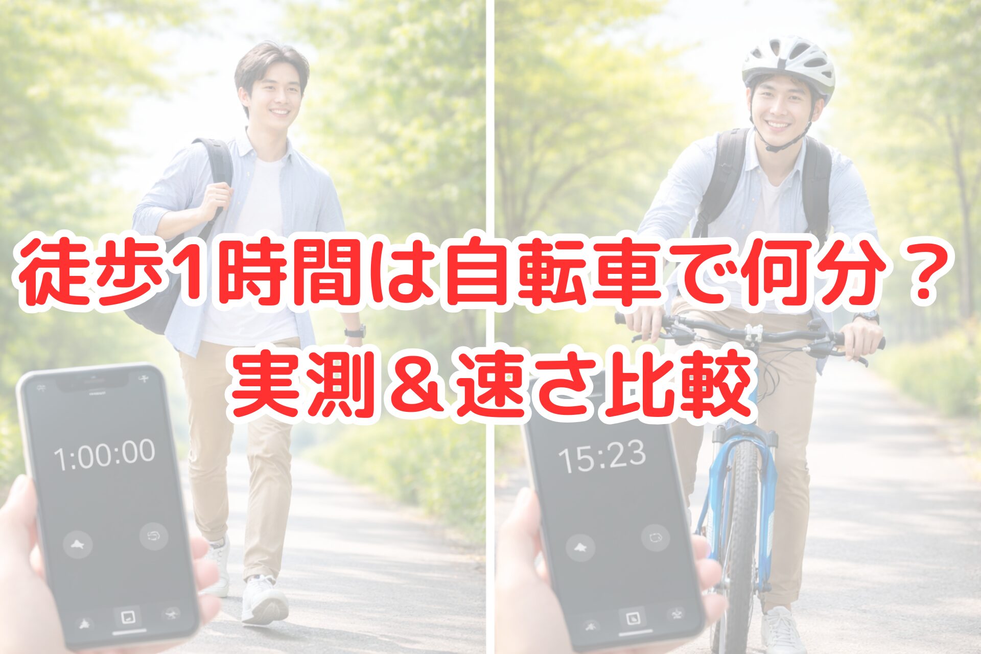 緑あふれる並木道を背景に、左側では男性が徒歩で歩き、右側では同じ男性が自転車で走行している様子を並べた写真風ビジュアル。手前にはスマートフォンのタイマー画面が映り、徒歩と自転車の所要時間の違いを直感的に比較できる、明るく清潔感のある画像。