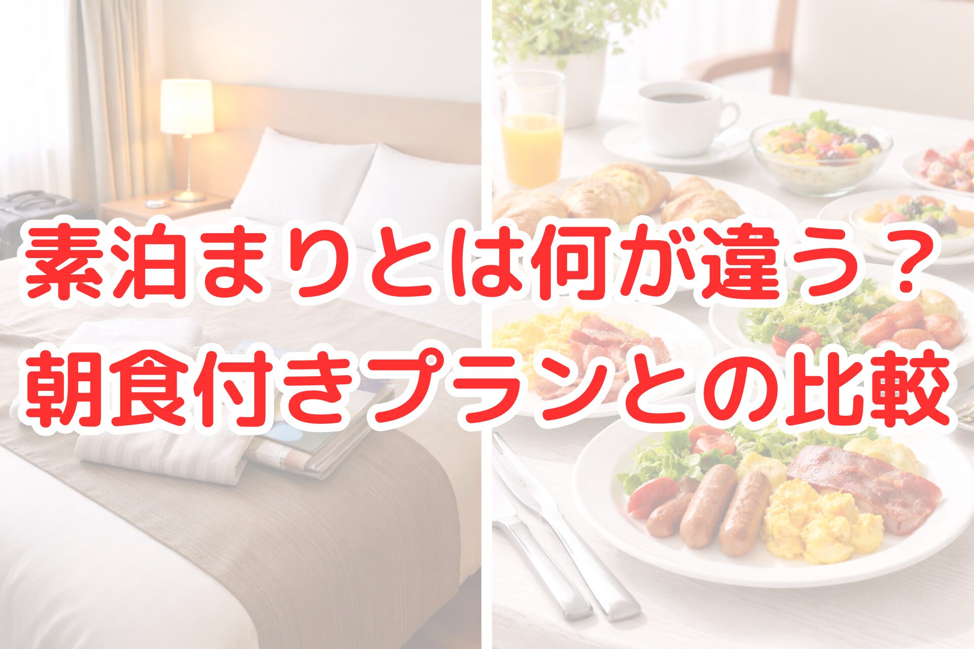 ホテルの客室（ベッドと荷物のある素泊まりイメージ）と、パン・卵料理・サラダ・フルーツなどが並ぶ朝食ビュッフェを左右に比較した写真風アイキャッチ画像。素泊まりとは何か、朝食付きプランとの違いや内容比較がひと目で分かるビジュアル。