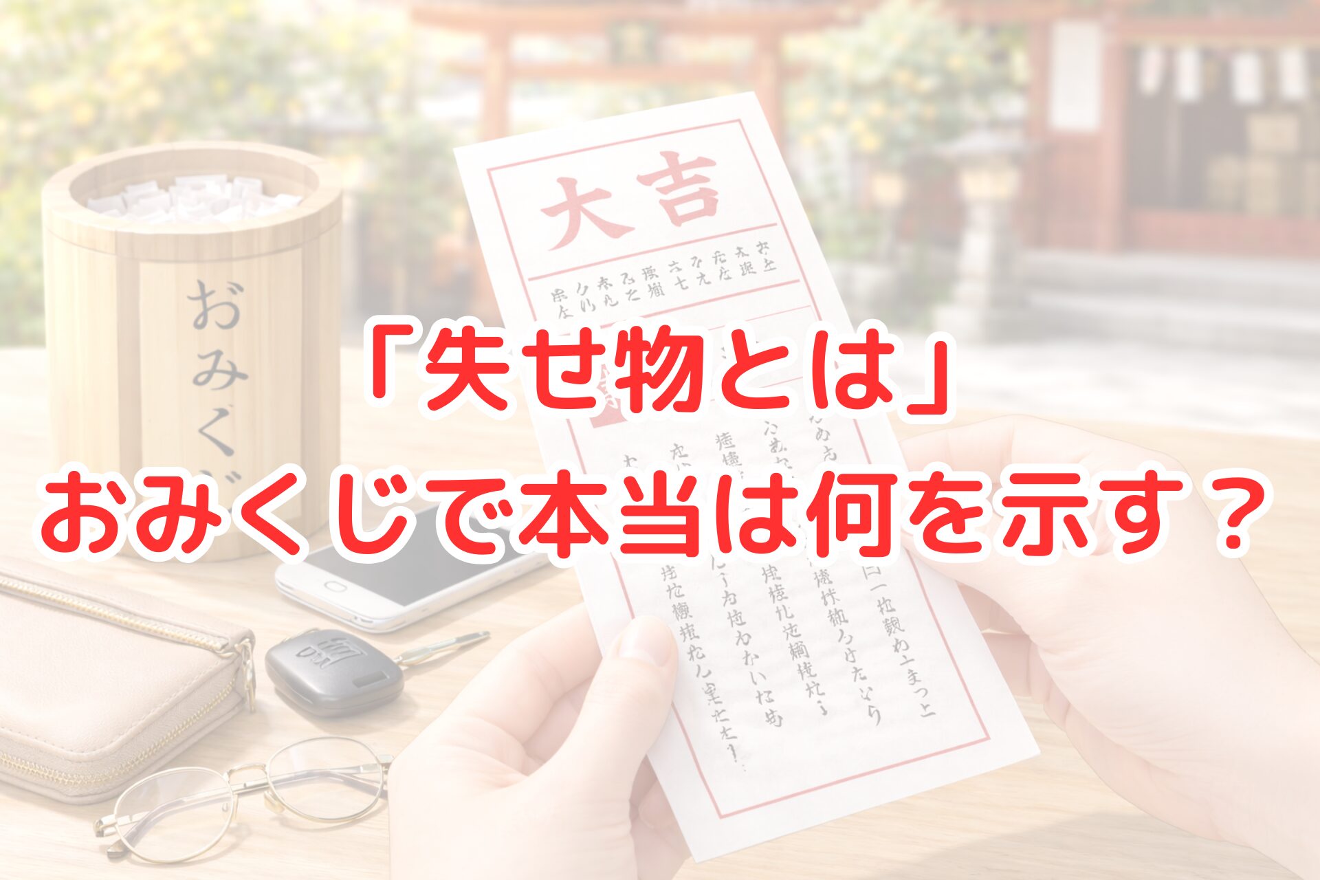神社のおみくじを手に持ち、「失物（うせもの）」の欄を確認している様子を写した写真風アイキャッチ画像。机の上には鍵や財布、スマートフォンなどの失せ物を連想させる小物が並び、おみくじで示される失物の意味や内容を解説する記事イメージが伝わるビジュアル。