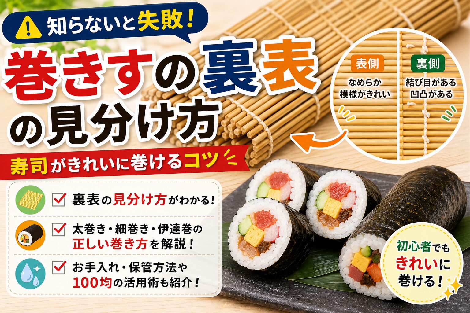 巻きすの裏表の見分け方と寿司をきれいに巻くコツを解説したアイキャッチ画像。竹製巻きすの表側・裏側の違い、太巻き寿司、初心者向けポイントを図解で紹介しているデザイン。