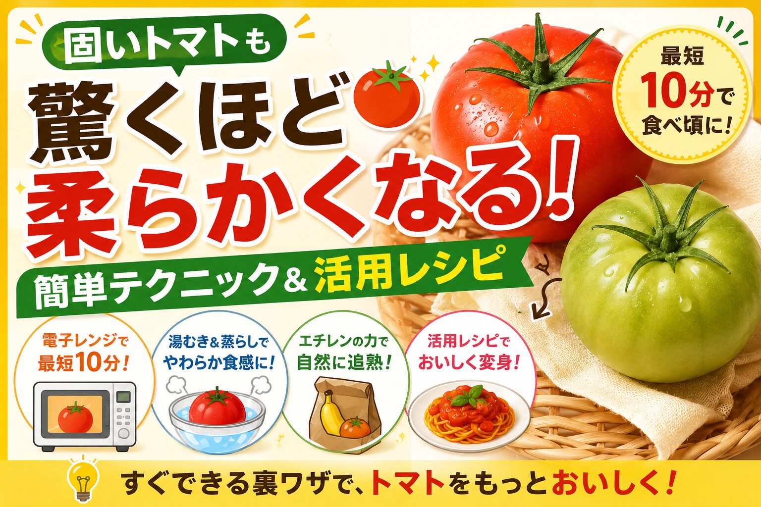 固いトマトを柔らかくする方法を紹介するアイキャッチ画像。青っぽく硬いトマトと赤く柔らかいトマトを比較し、電子レンジ・湯むき・追熟テクをわかりやすく図解したブログ用サムネイル。