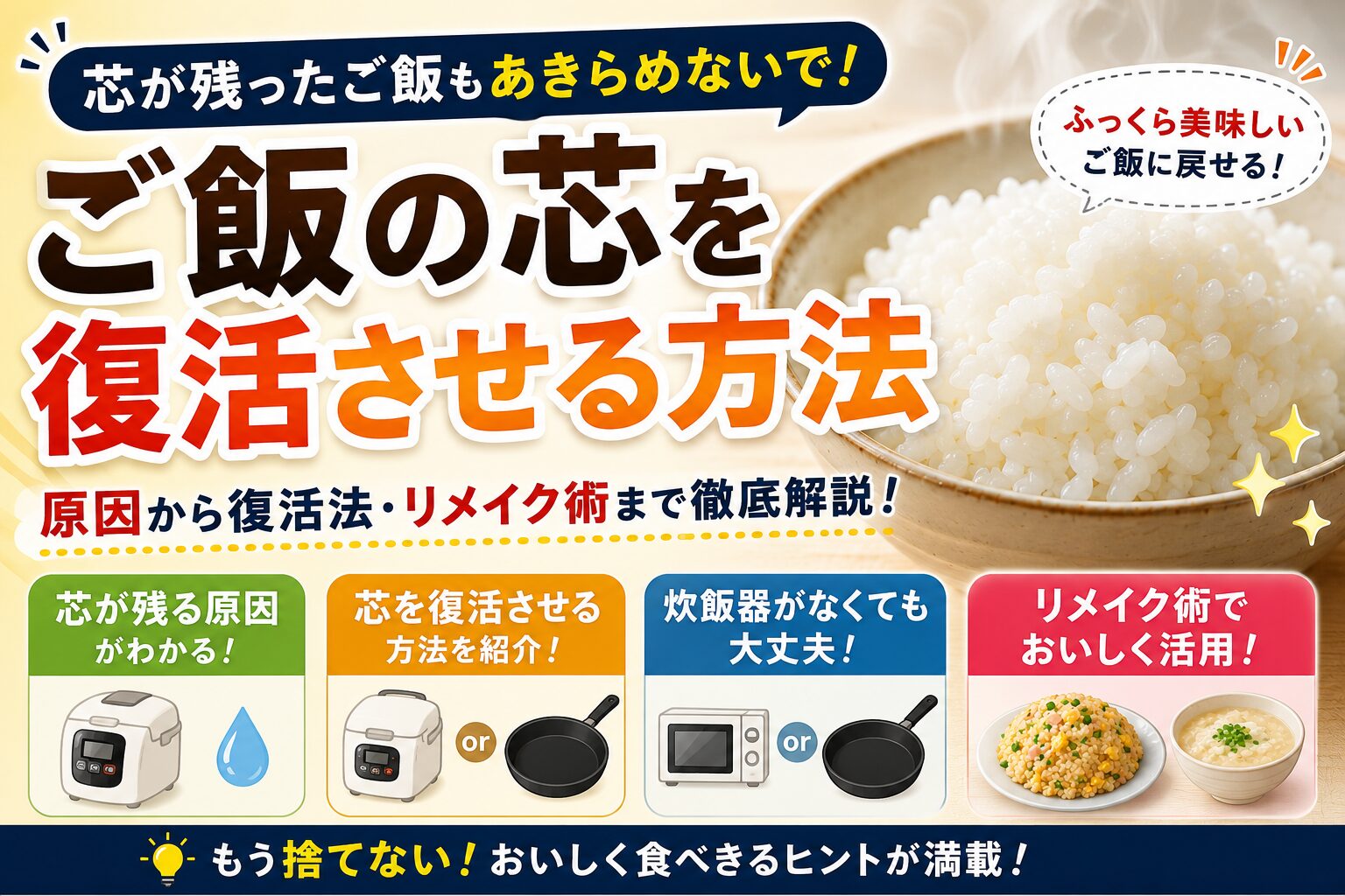 芯が残ったご飯を炊飯器やフライパンで復活させる方法を解説したアイキャッチ画像。ふっくらした白ご飯と炊飯器のイラスト、リメイク料理例をわかりやすく紹介しているデザイン。