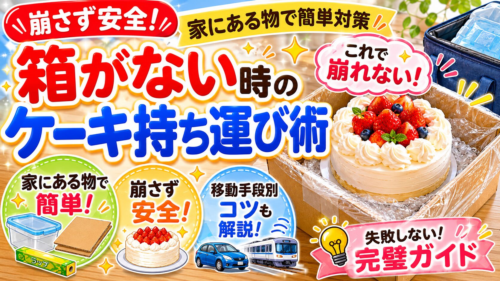 箱がない時のケーキ持ち運び方法を紹介するアイキャッチ画像。タッパー・段ボール・保冷バッグを使ってホールケーキを安全に運ぶ対策を図解で解説しているデザイン。