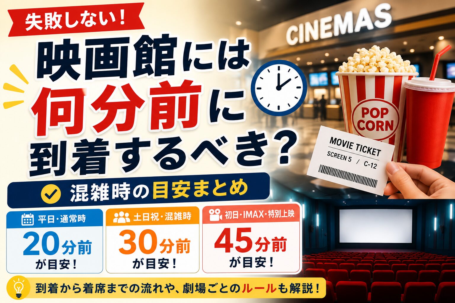 映画館には何分前に到着すべきかを解説したアイキャッチ画像。映画館の入口、ポップコーン、時計、スクリーンなどのイラストとともに、「平日20分前」「土日30分前」「IMAX45分前」など到着目安をわかりやすく図解しているデザイン。