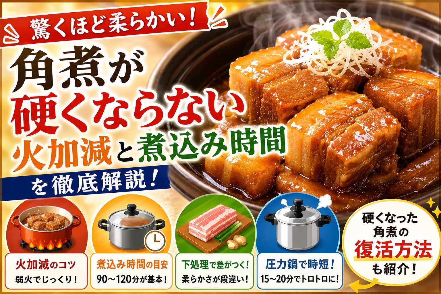 角煮が硬い原因や柔らかくする方法、正しい火加減と煮込み時間を紹介するトロトロ角煮のアイキャッチ画像
