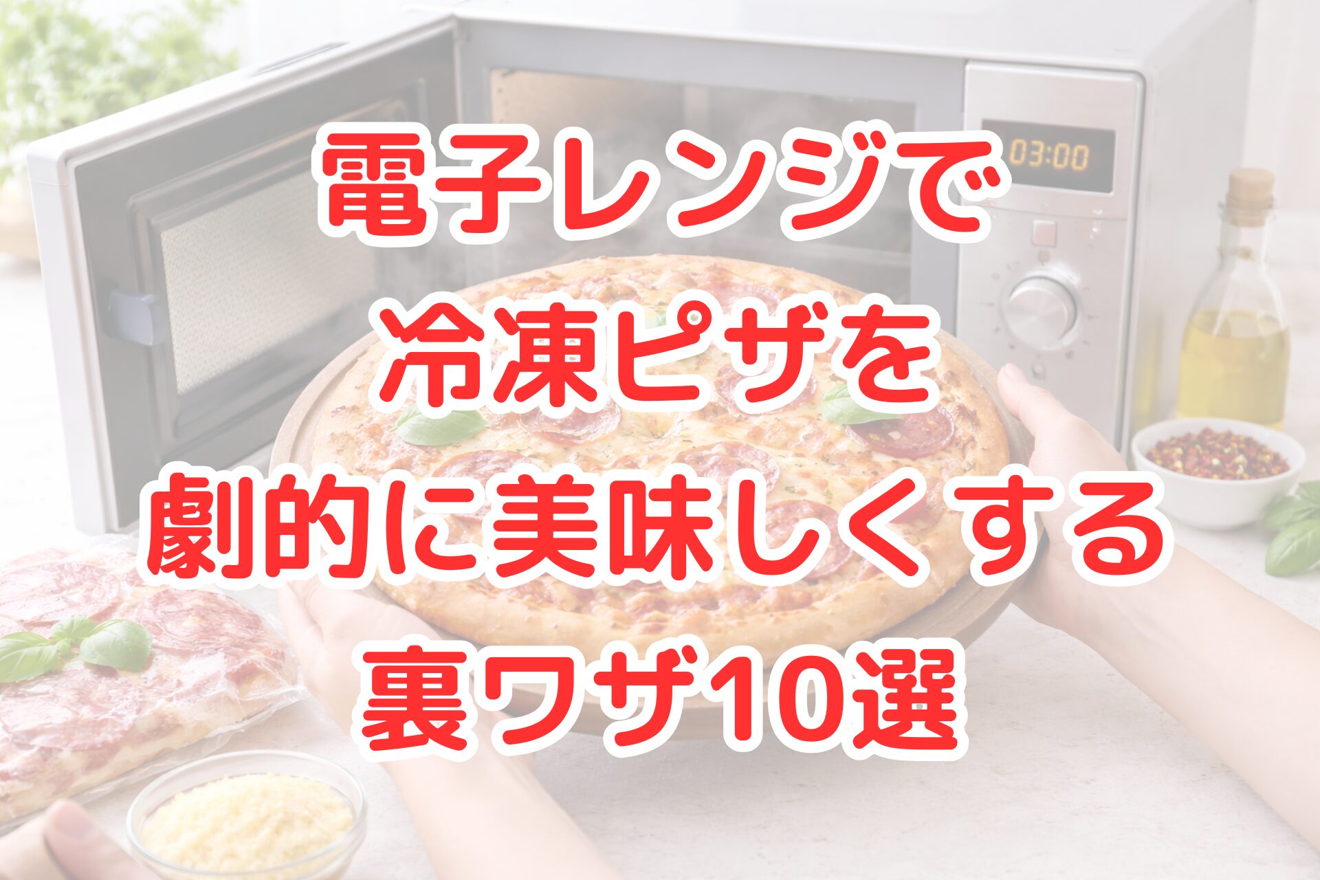 電子レンジから取り出したばかりのチーズがとろけた冷凍ピザを木製ボードにのせて持ち上げている様子と、周囲にオリーブオイルやチーズなどの材料が並ぶ、明るく清潔感のあるキッチンの写真風イメージ。