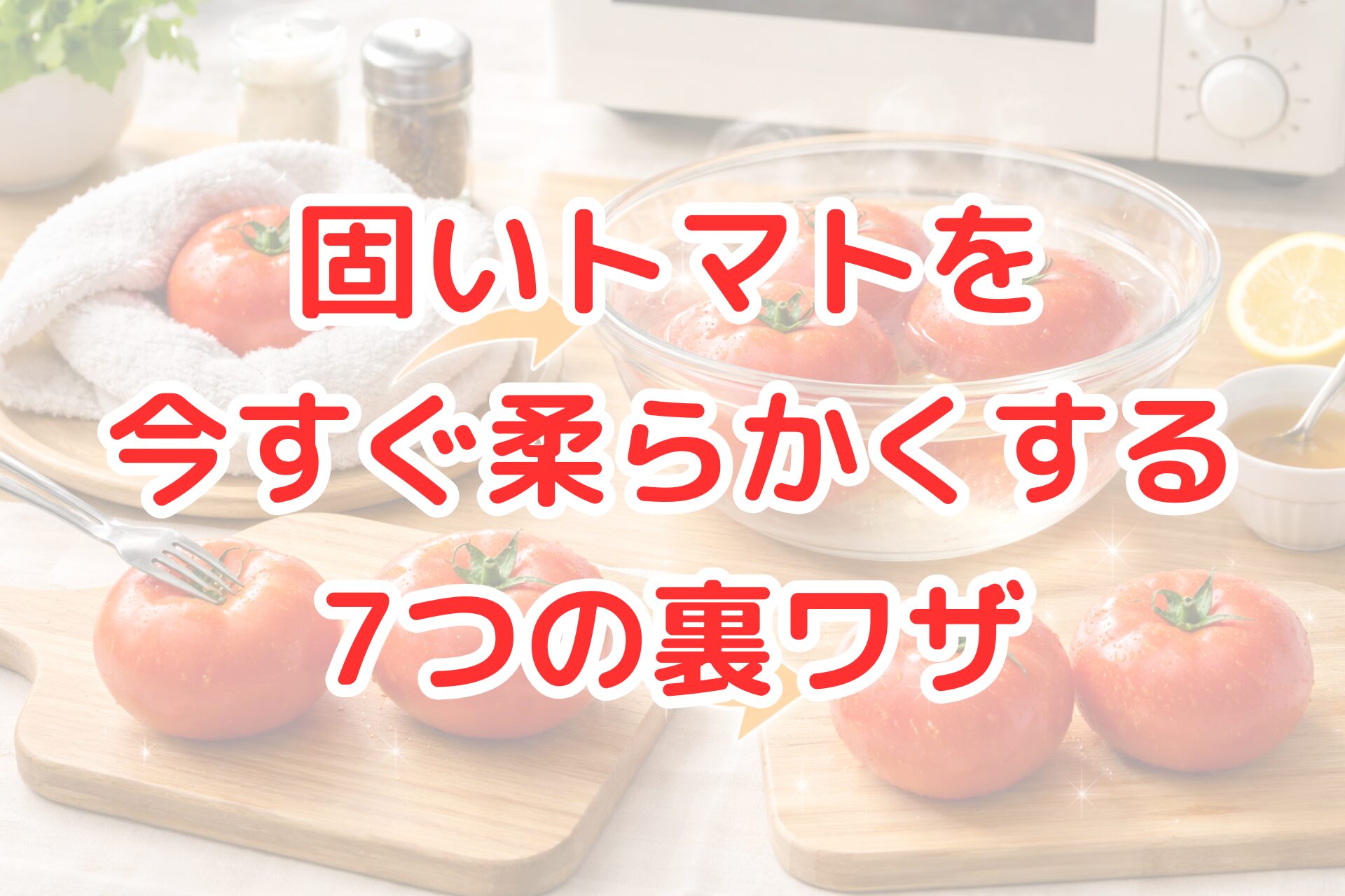明るいキッチンの木製カウンターで、固いトマトを温かいタオルに包む様子やボウルのぬるま湯に浸している場面、フォークでやさしく押している手元が並び、柔らかくする工夫をイメージさせる清潔感のある写真風イメージ。