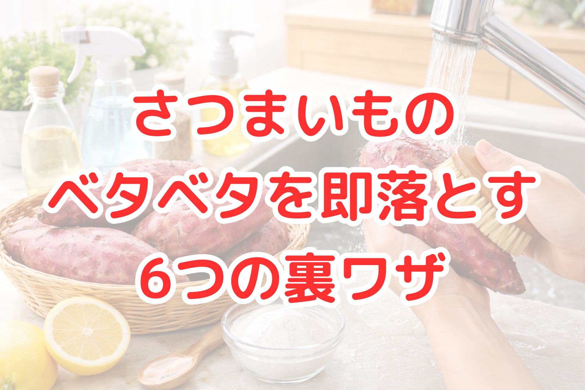 キッチンのシンクで水を流しながら、手に持ったさつまいもをブラシでこすって洗っている様子と、かごに入ったさつまいもやレモン、調味用の容器が並ぶ、明るく清潔感のある下処理シーンの写真風イメージ。