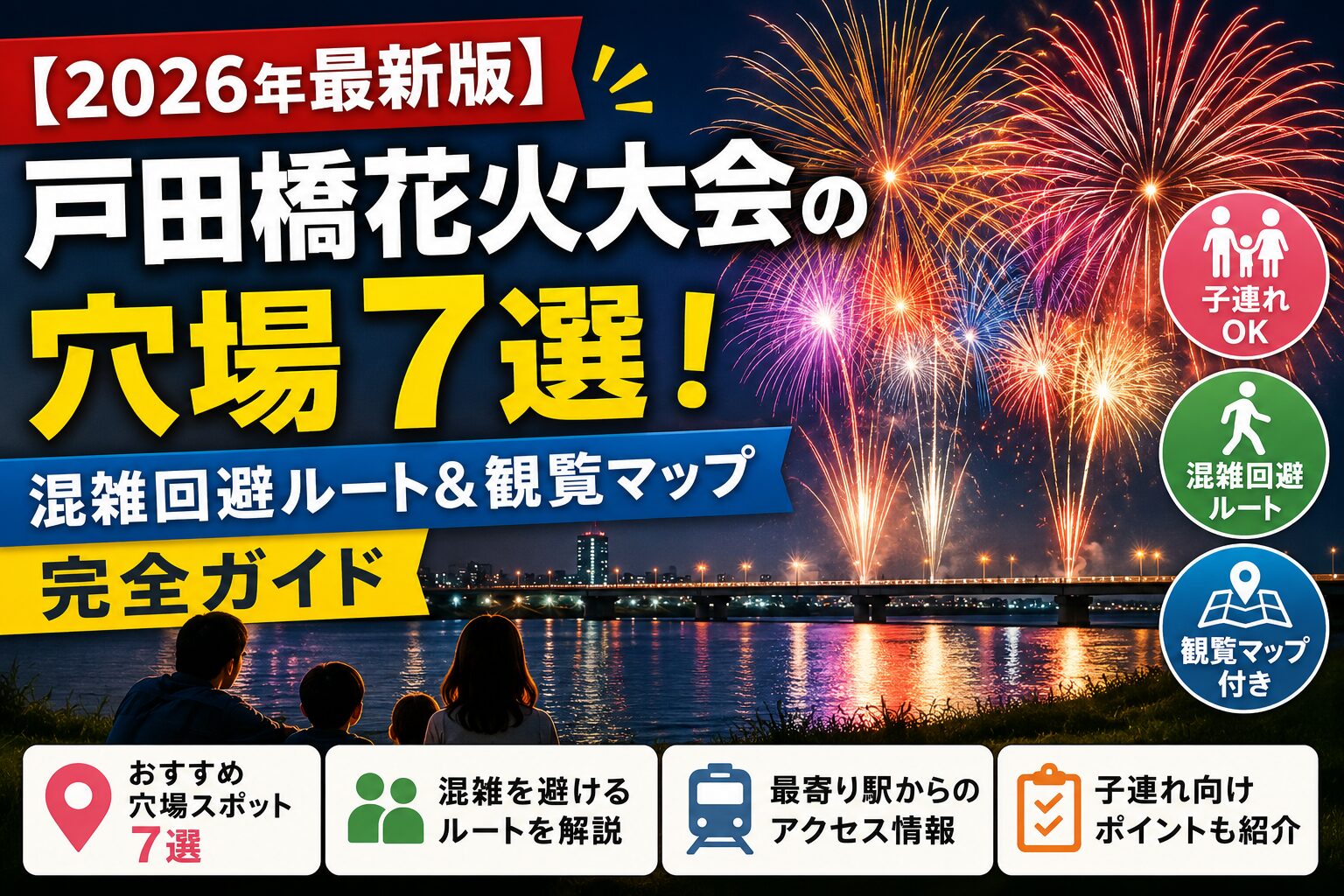 【2026年最新版】戸田橋花火大会の穴場7選を紹介するアイキャッチ画像。夜空に大きな花火が打ち上がり、荒川沿いで家族が観覧している様子と、「混雑回避ルート」「観覧マップ付き」などの情報が大きく表示されたブログ用バナー。